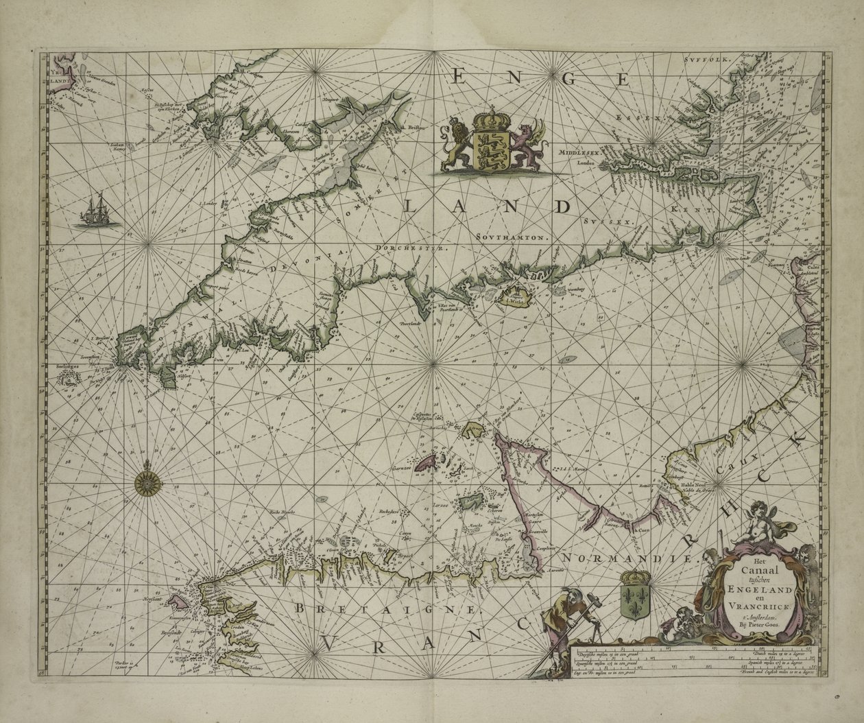 Antik karta över Channel, 1666 (färgstick) av Pieter Goos