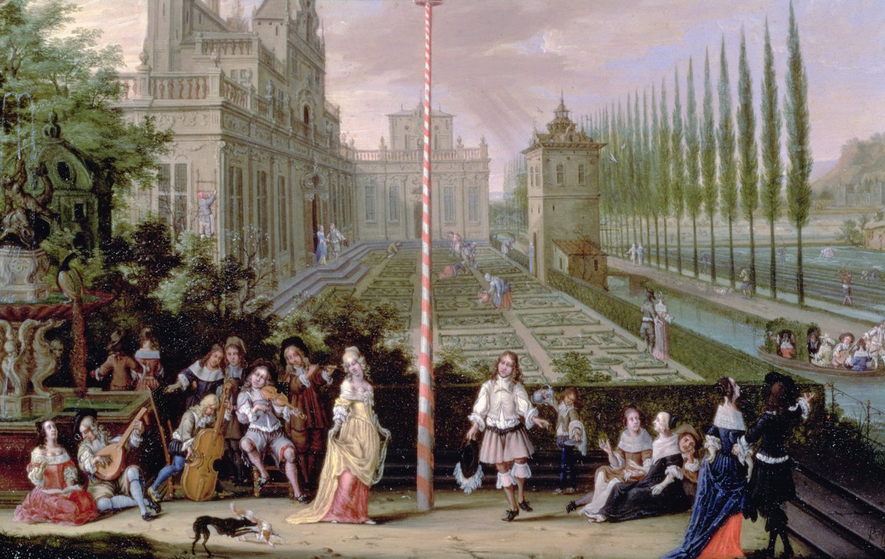 Detalj av eleganta figurer som spelar musikinstrument runt en majstång (olja på koppar) (detalj av 82407) av Peeter Gijsels