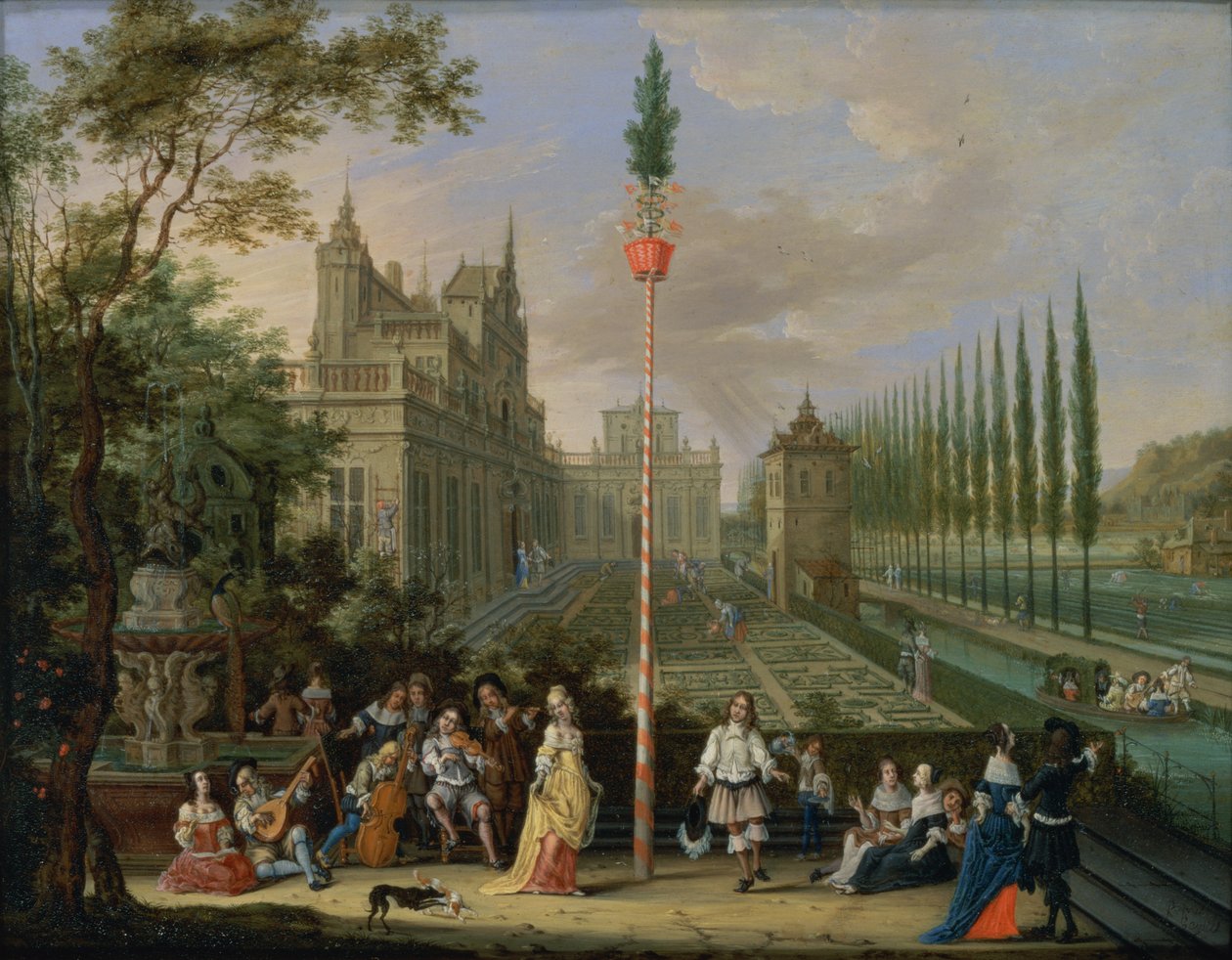 Eleganta figurer som spelar musikinstrument runt en majstång (olja på koppar) (för detaljer se 86499) av Peeter Gijsels