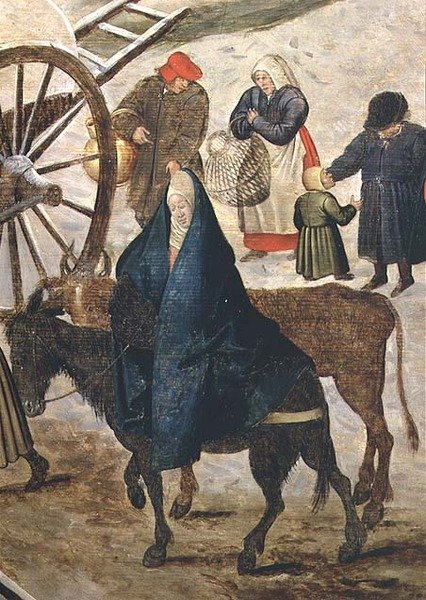 Betalningen av tiondet eller numreringen i Betlehem, detalj av Jungfrun av Pieter III Brueghel