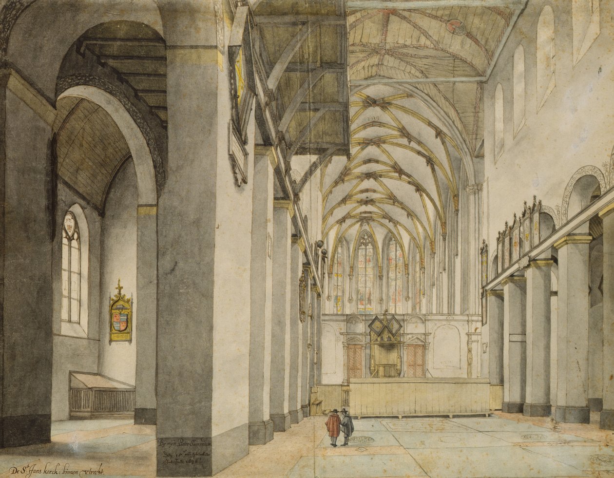 Interiörvy, österut, av Johanneskirche, Utrecht, 15 september 1636 (penna över penna och akvarell på papper) av Pieter Janszoon Saenredam