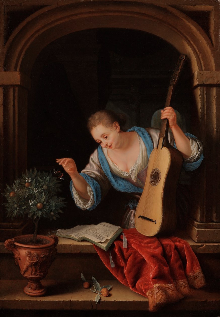 En ung kvinna med en gitarr i en fönsternisch av Pieter Leermans