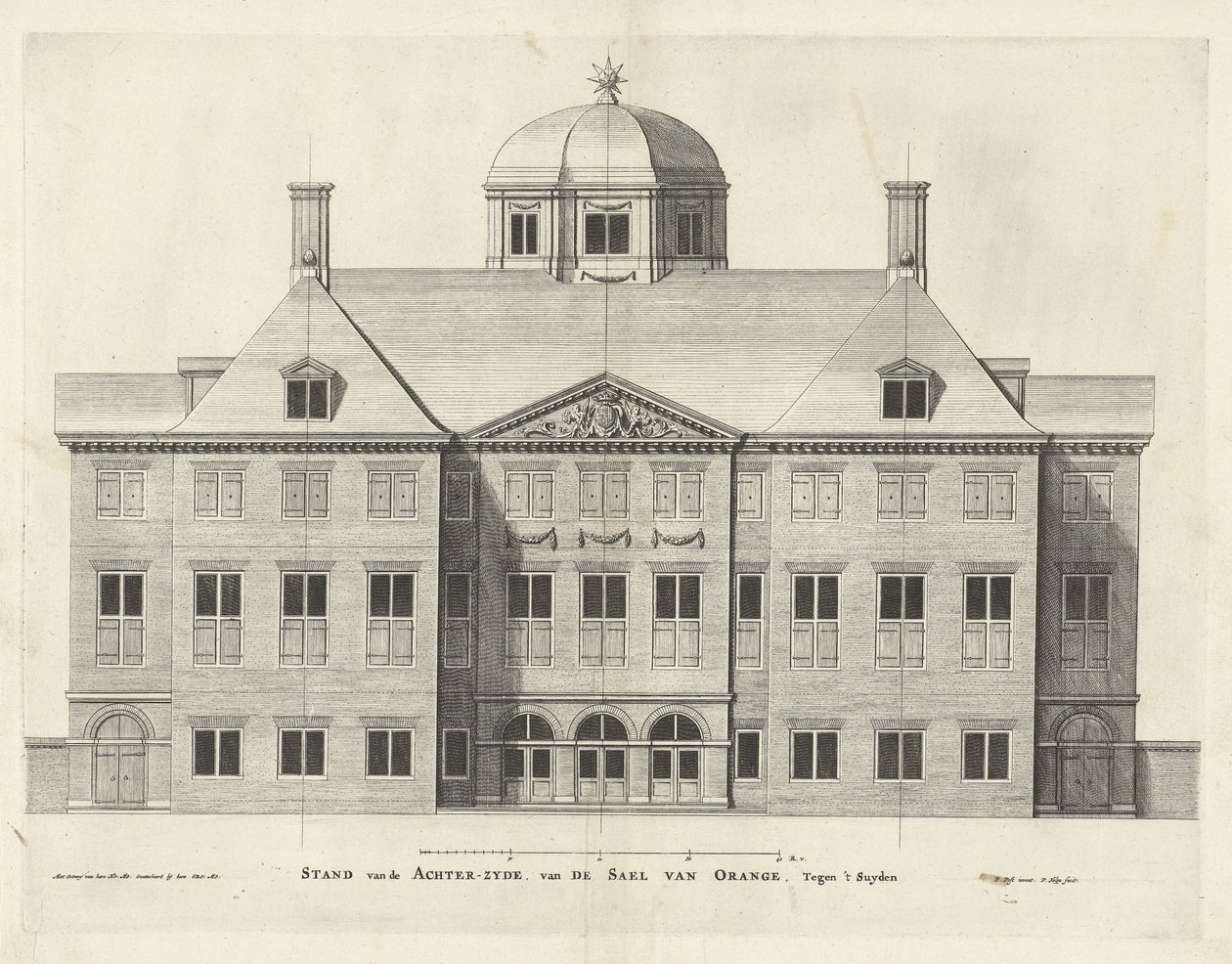 Baksida Palace Huis ten Bosch, Holland, Pieter Nolpe efter Pieter Jansz. Post, etsning 294 mm × 387 mm, 1655 av Pieter Nolpe