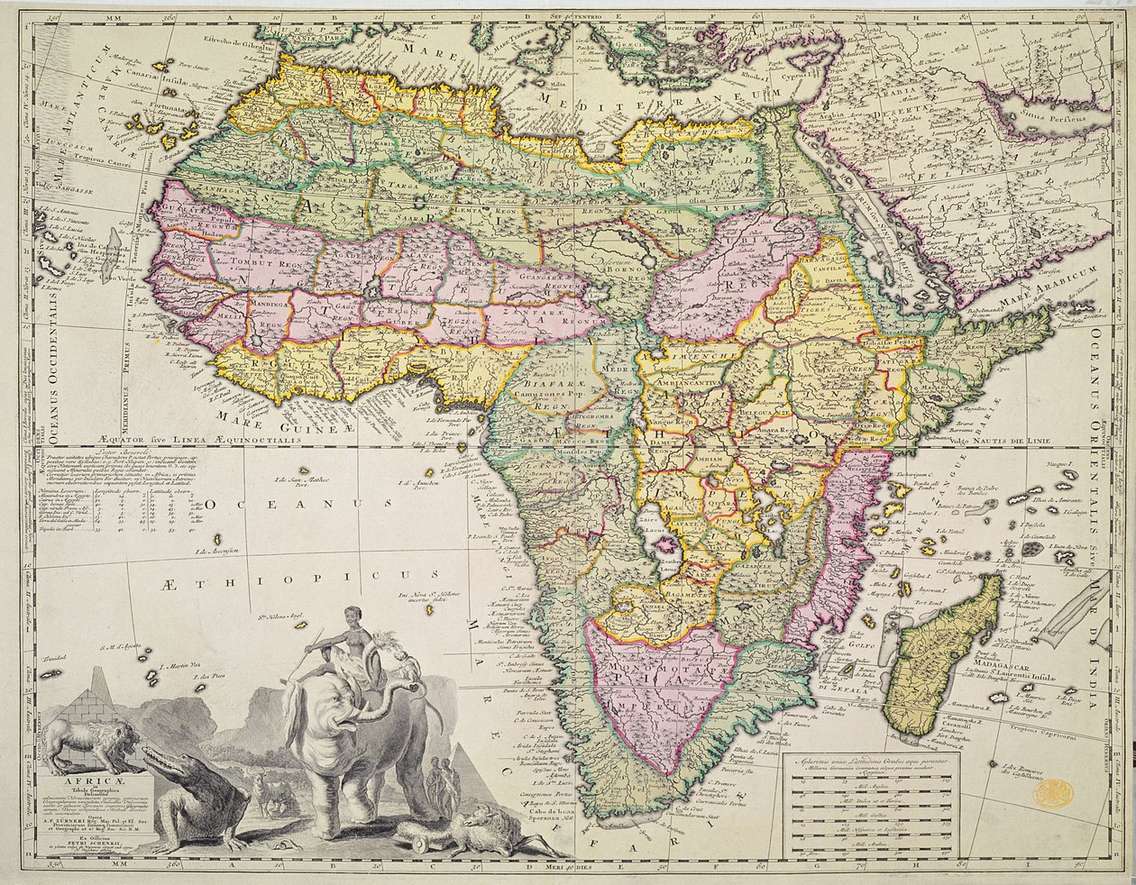 Karta över Afrika (handfärgad gravyr) av Pieter Schenk