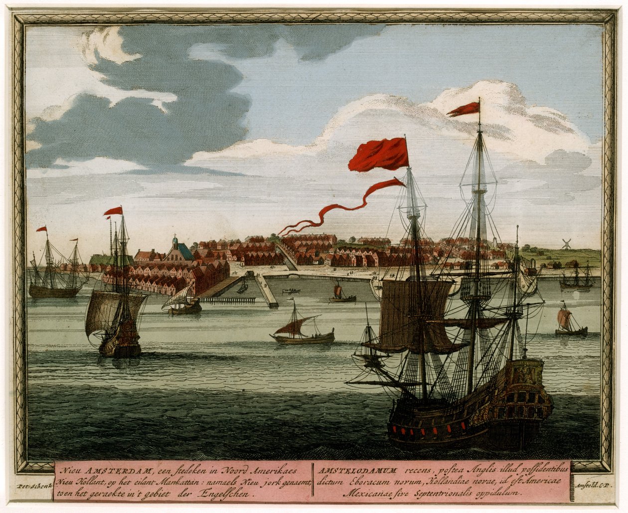New Amsterdam från vattnet, 1702 (handkolorerad gravyr) av Pieter Schenk