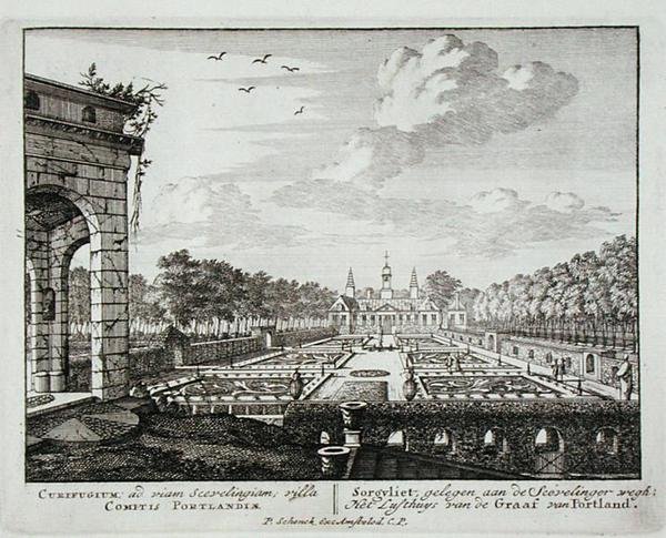 Huset och trädgården vid Sorgvliet, säte för Hans Willem Bentinck (1649-1709), 1:e earl av Portland, från Admirandorum Quadruplex Spectaculum, av Jan van Call (1656-1703), publicerad före 1715 (engravi) av Pieter Schenk