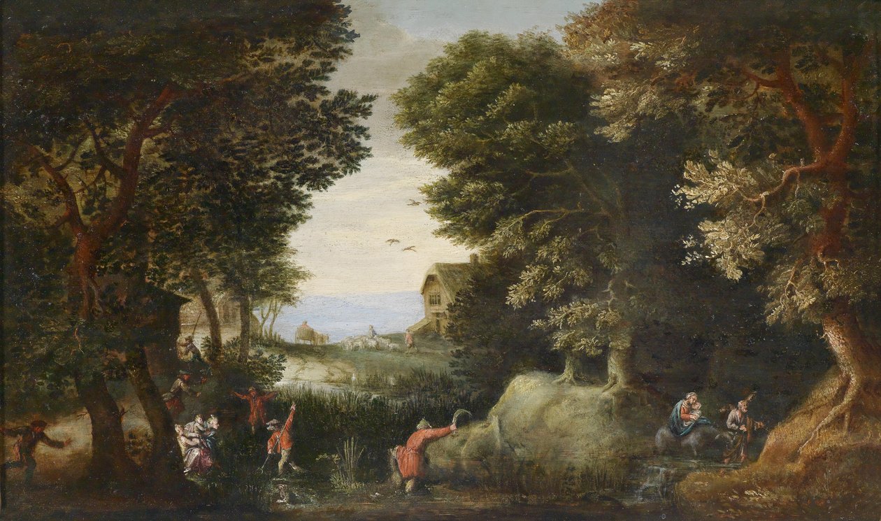 Bewaldete Landschaft mit Latona, die die lykischen Bauern in Frösche verwandelt av Pieter Schoubroeck