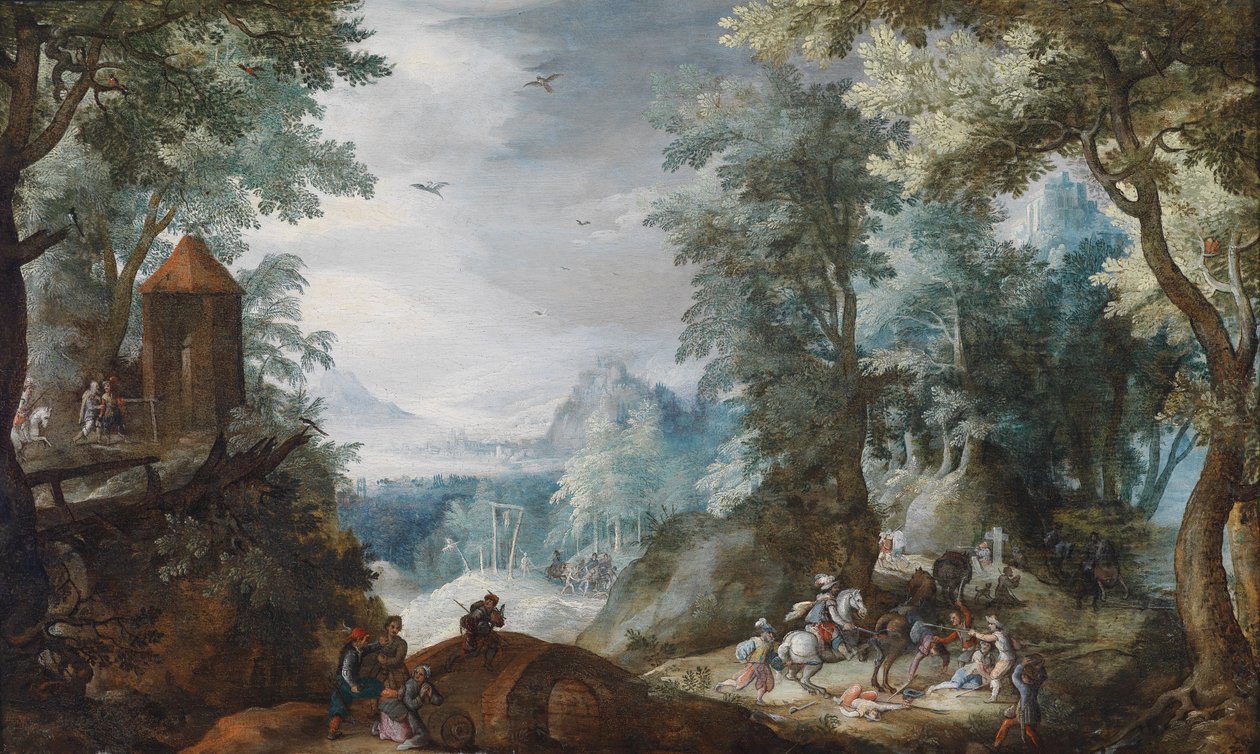 Bewaldete Landschaft mit einem Überfall av Pieter Schoubroeck