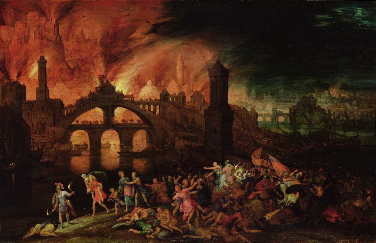 The Destruction of Troy, 1606 (olja på koppar) av Pieter Schoubroeck