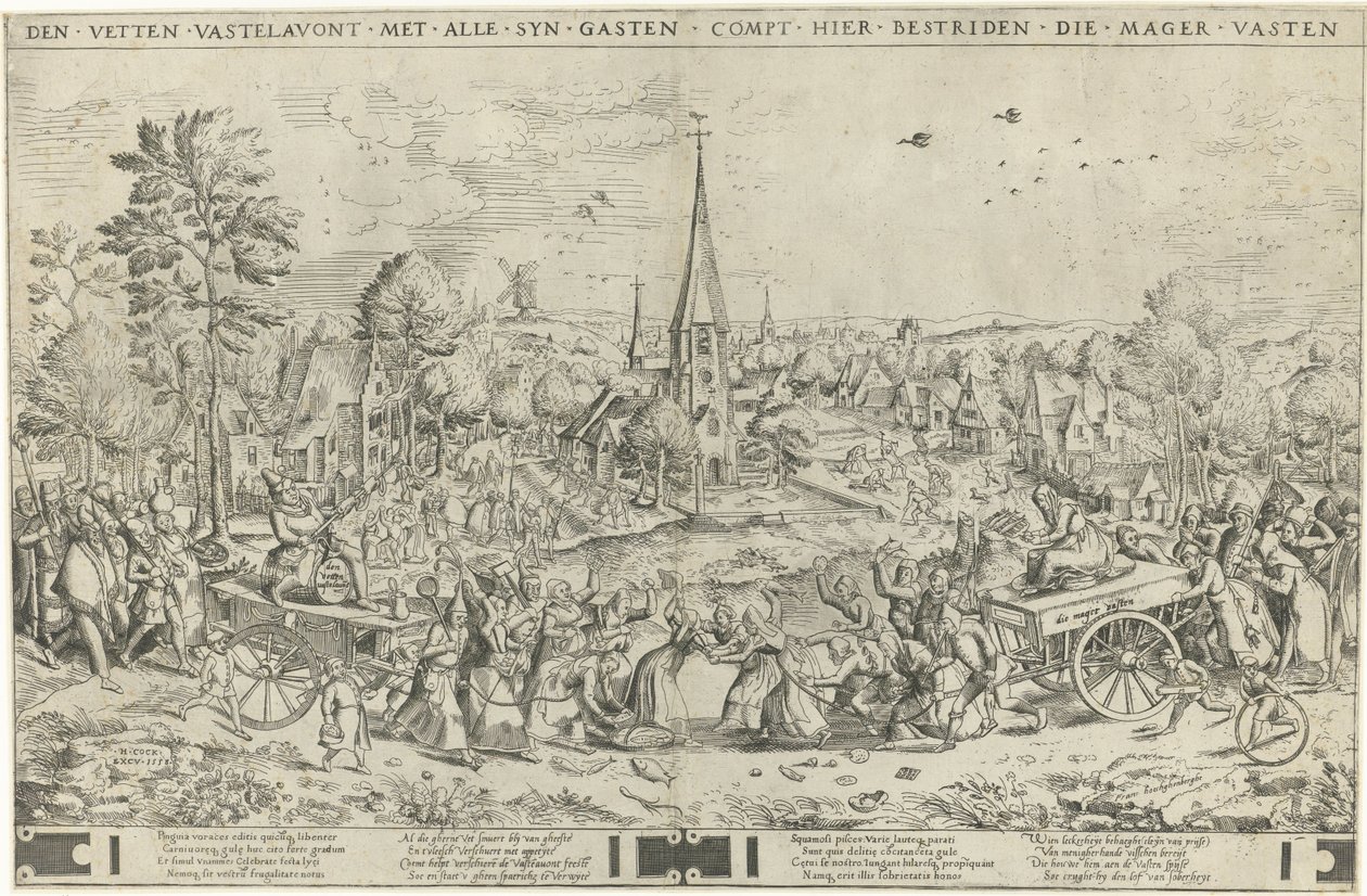 Kampen mellan karneval och fastan, graverad av Pieter van der Heyden, 1558 av Pieter The Elder after Brueghel