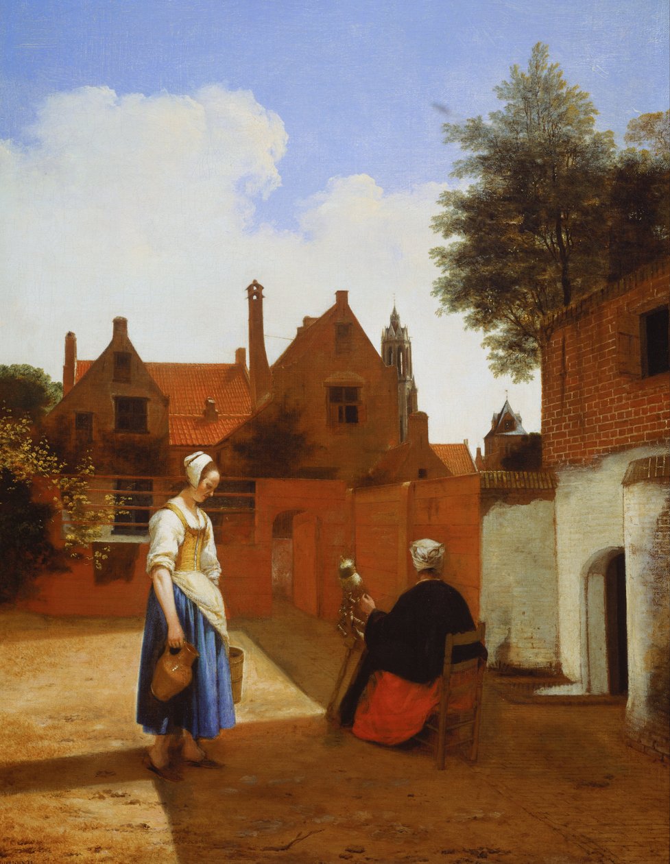 Innergård i Delft på kvällen- en kvinna som snurrar av Pieter de Hooch