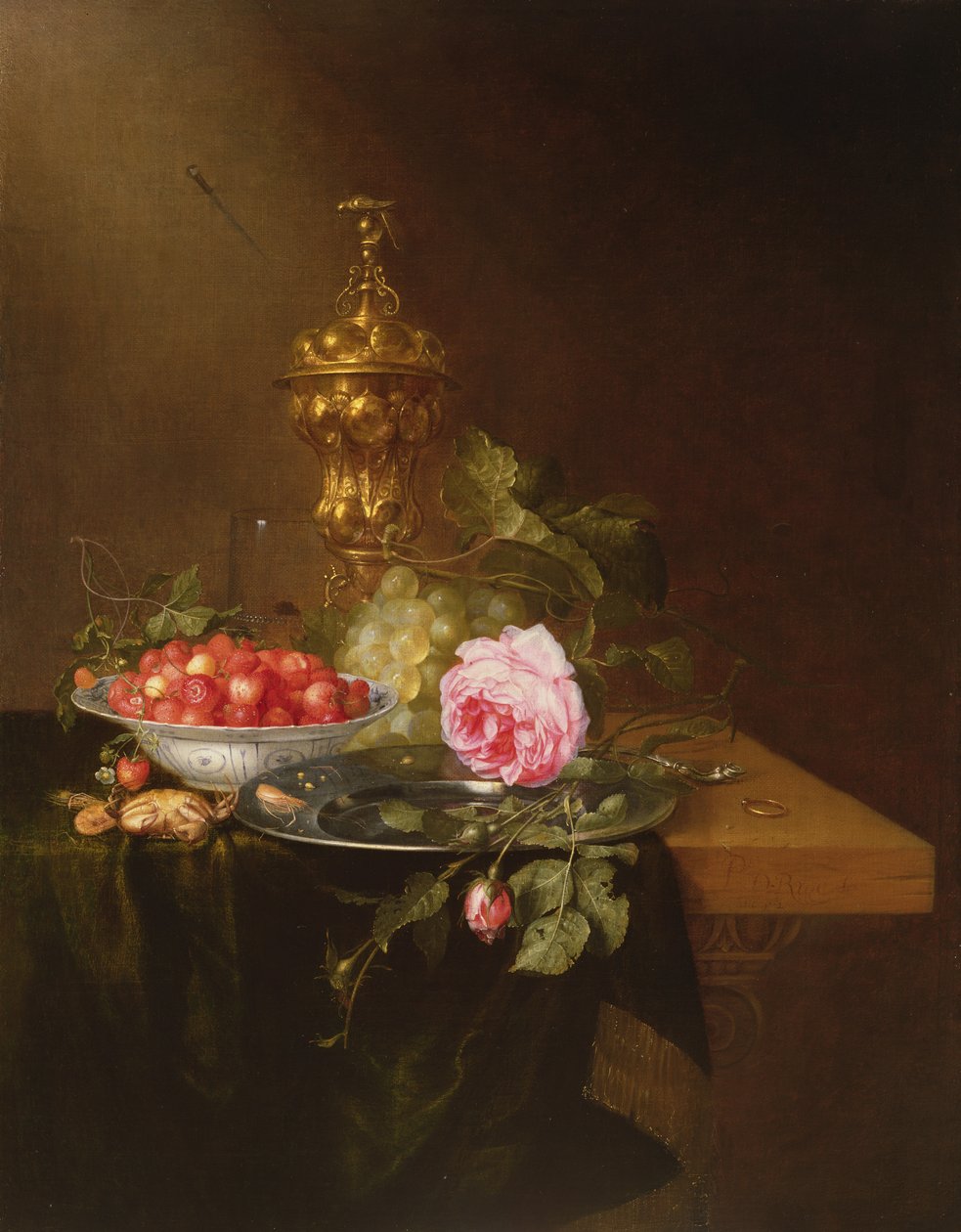 Stilleben med en skål med jordgubbar och en ros, 1652 av Pieter de Ring