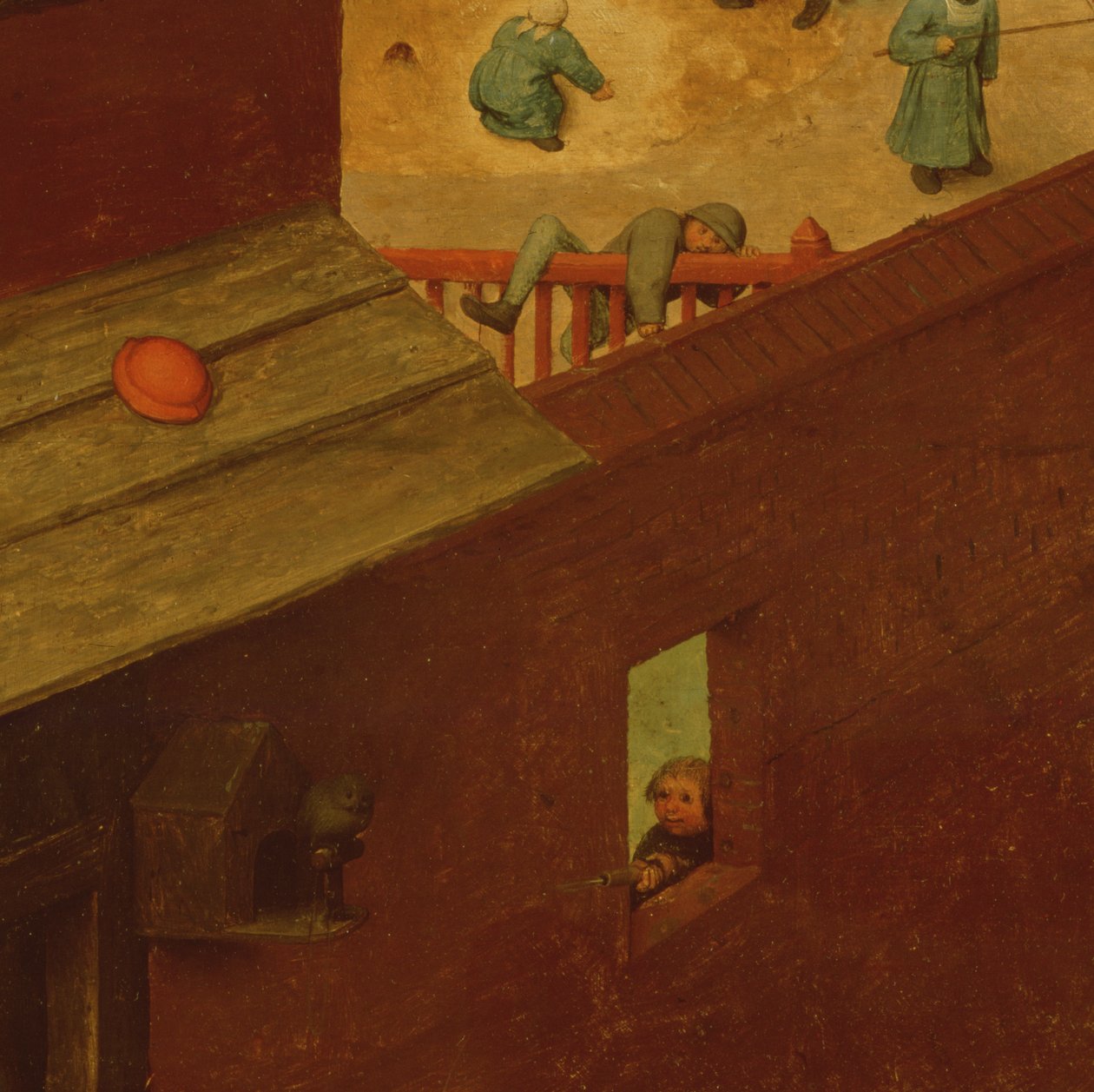 Barnspel, detalj av den vänstra delen som visar ett barn som klättrar över ett staket och en annan skjuter på en fågel, 1560 av Pieter Bruegel the Elder