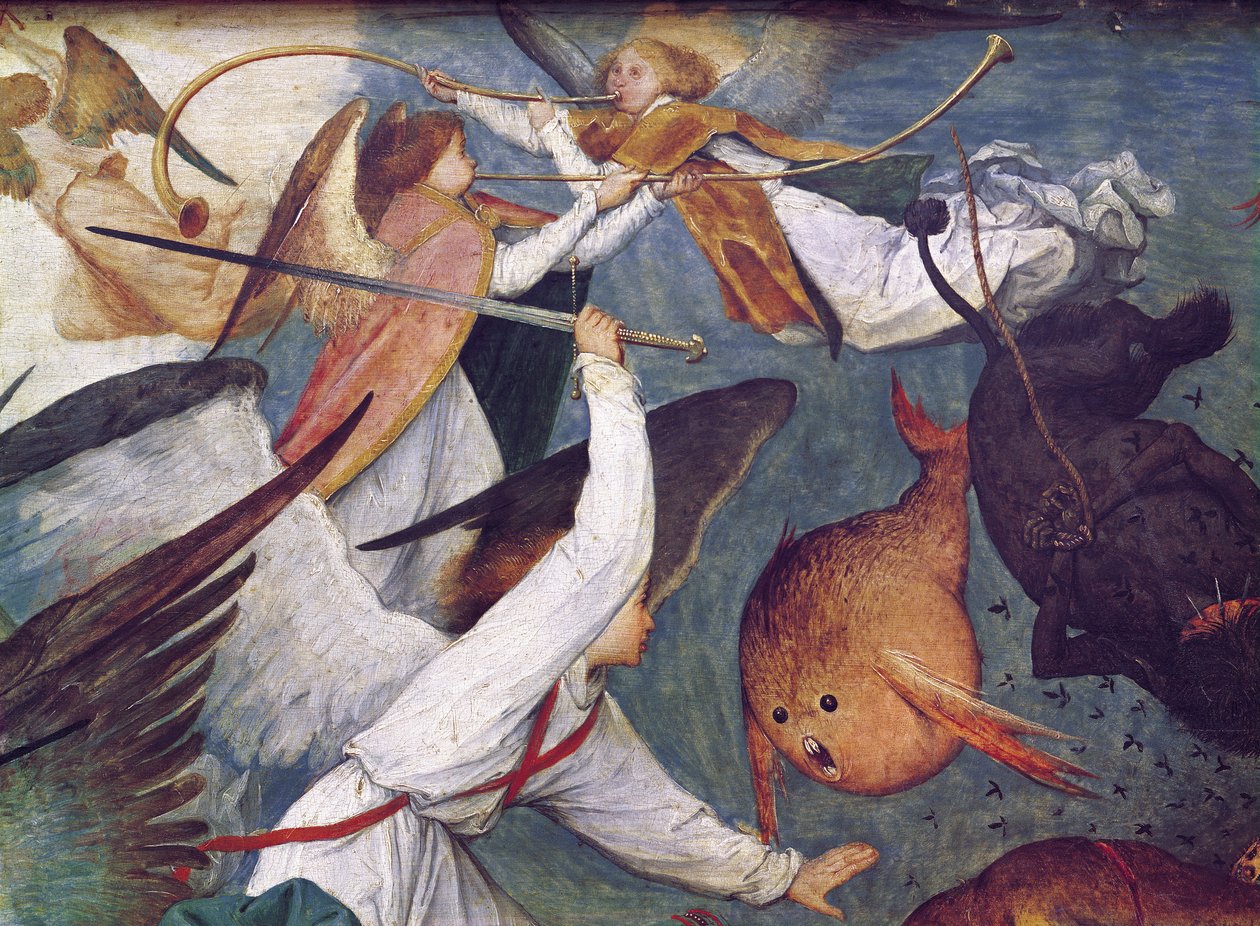 The Fall of the Rebel Angels, detalj av änglar som slåss och spelar musikolja på panelen av Pieter Bruegel the Elder