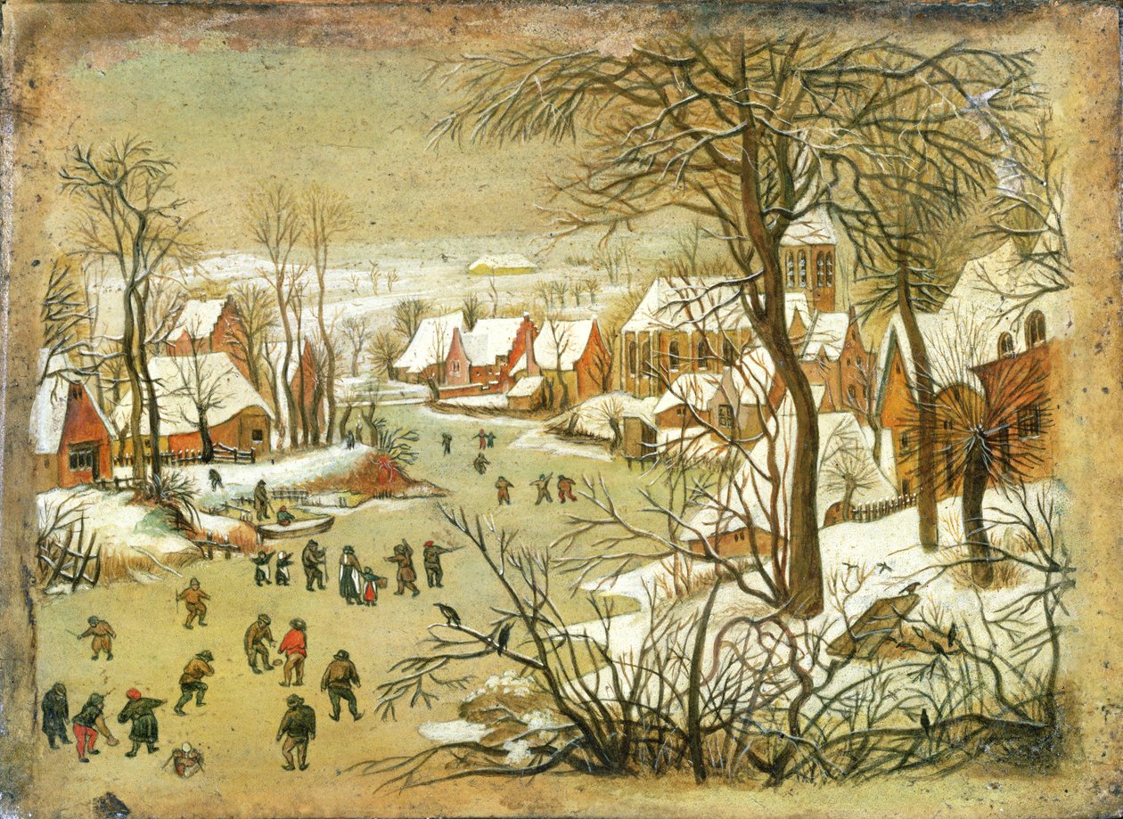Vinterlandskap med figurer på en frusen flod av Pieter Bruegel the Elder