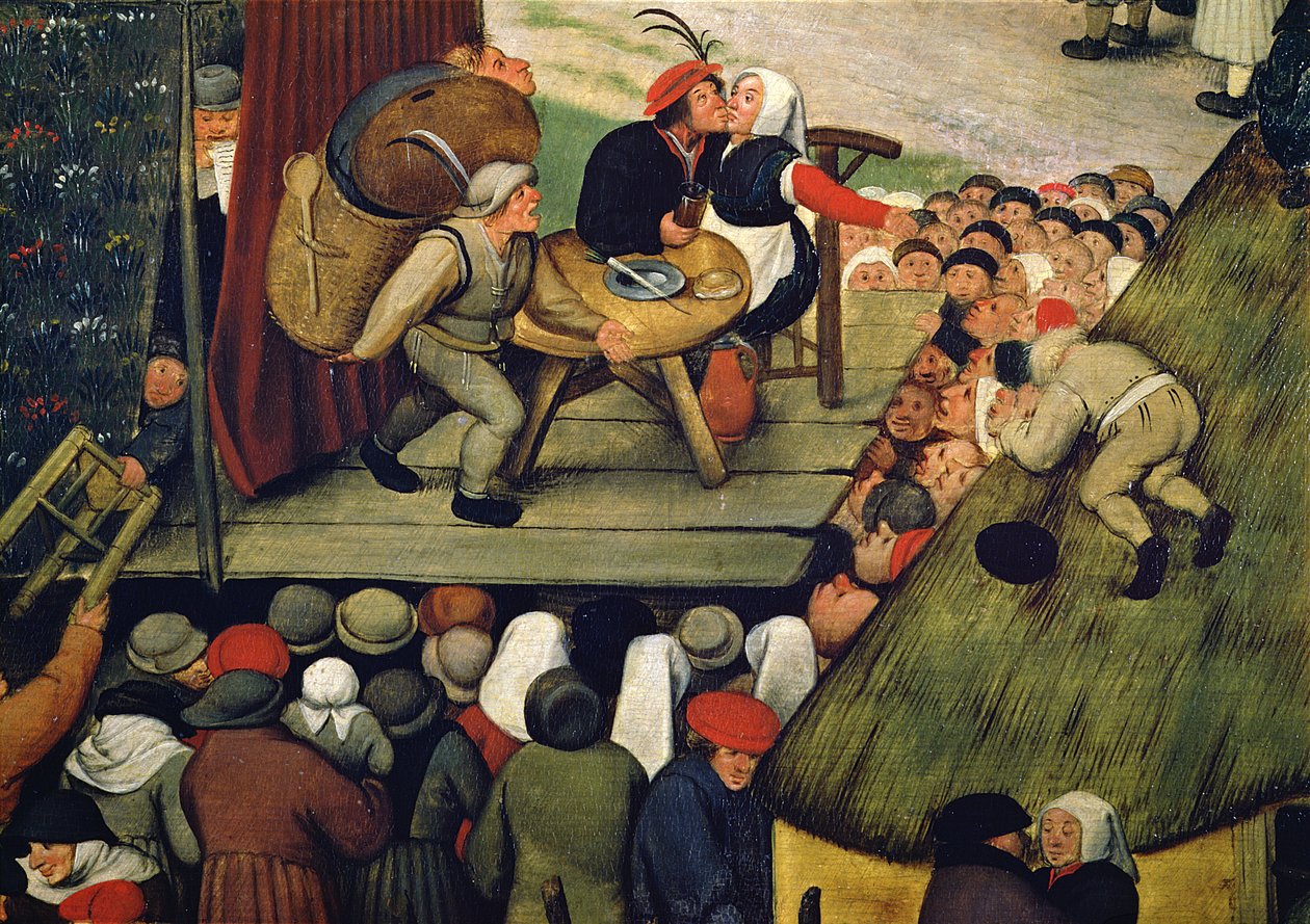 Mässa med en teaterpresentation, ca 1600 (detaljer) av Pieter Brueghel the Younger