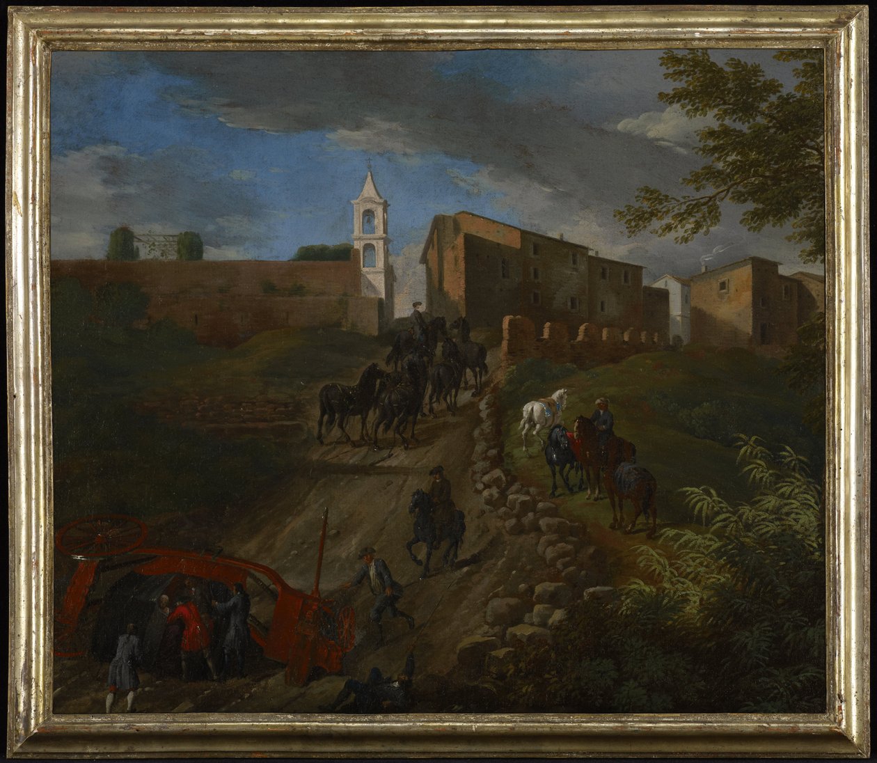 Coach and Travelers at Madonna del Riposo Near Rome av Pieter van Bloemen