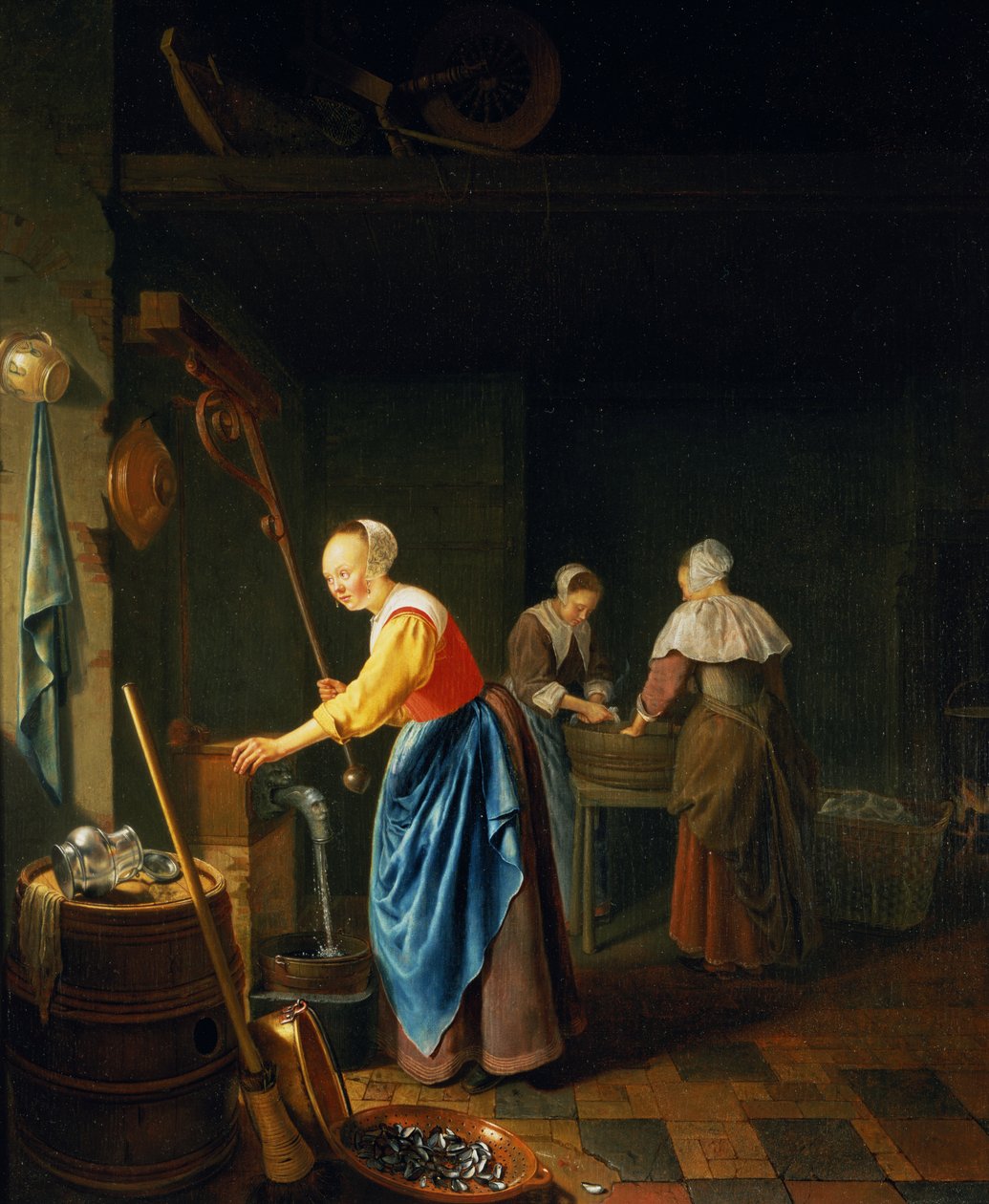 En köksscen med en piga som drar vatten från en brunn av Pieter Cornelisz van Slingelandt