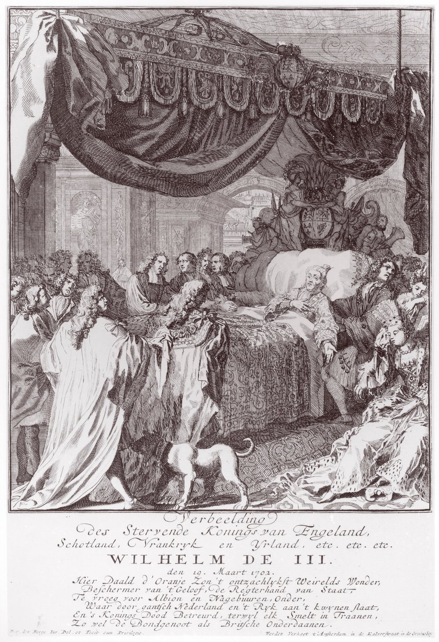 Vilhelm III (1650-1702) på sin dödsbädd, graverad av konstnären av Pieter van den Berge