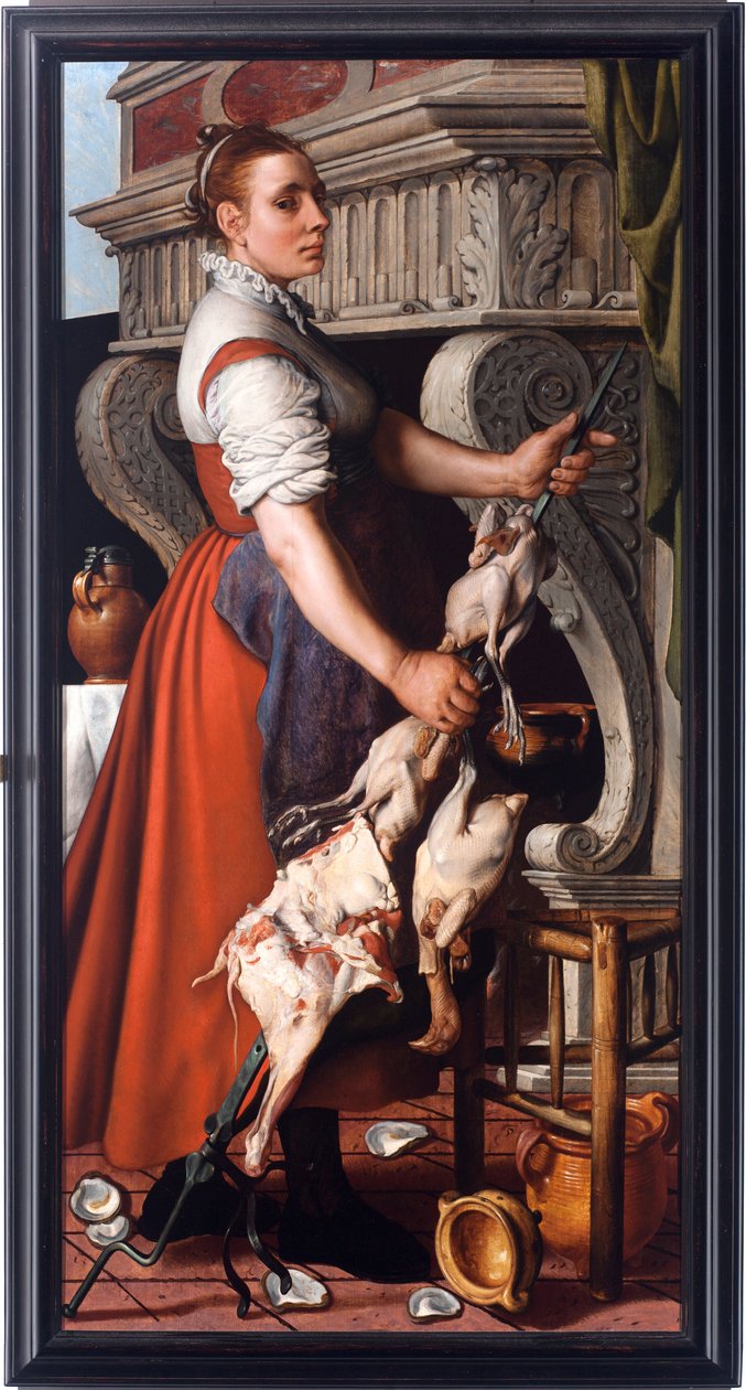 The cooker (The cooker) Ung kvinna broderar fjäderfä på ett spisspett - Målning av Pieter Aertsen (1508-1575) 1559 Dim 165x85 cm Genes, Musei di Strada Nuova (ex Palazzo Bianco) av Pieter Aertsen