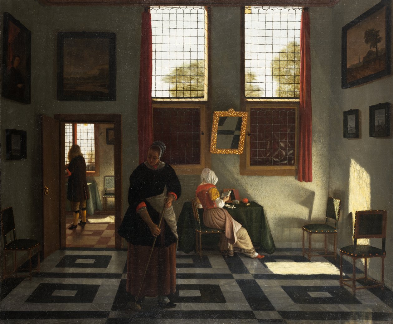 Interiör med målare, läsande kvinna och sopande piga, ca 1665-70 (olja på duk) av Pieter (1623 82) Janssens