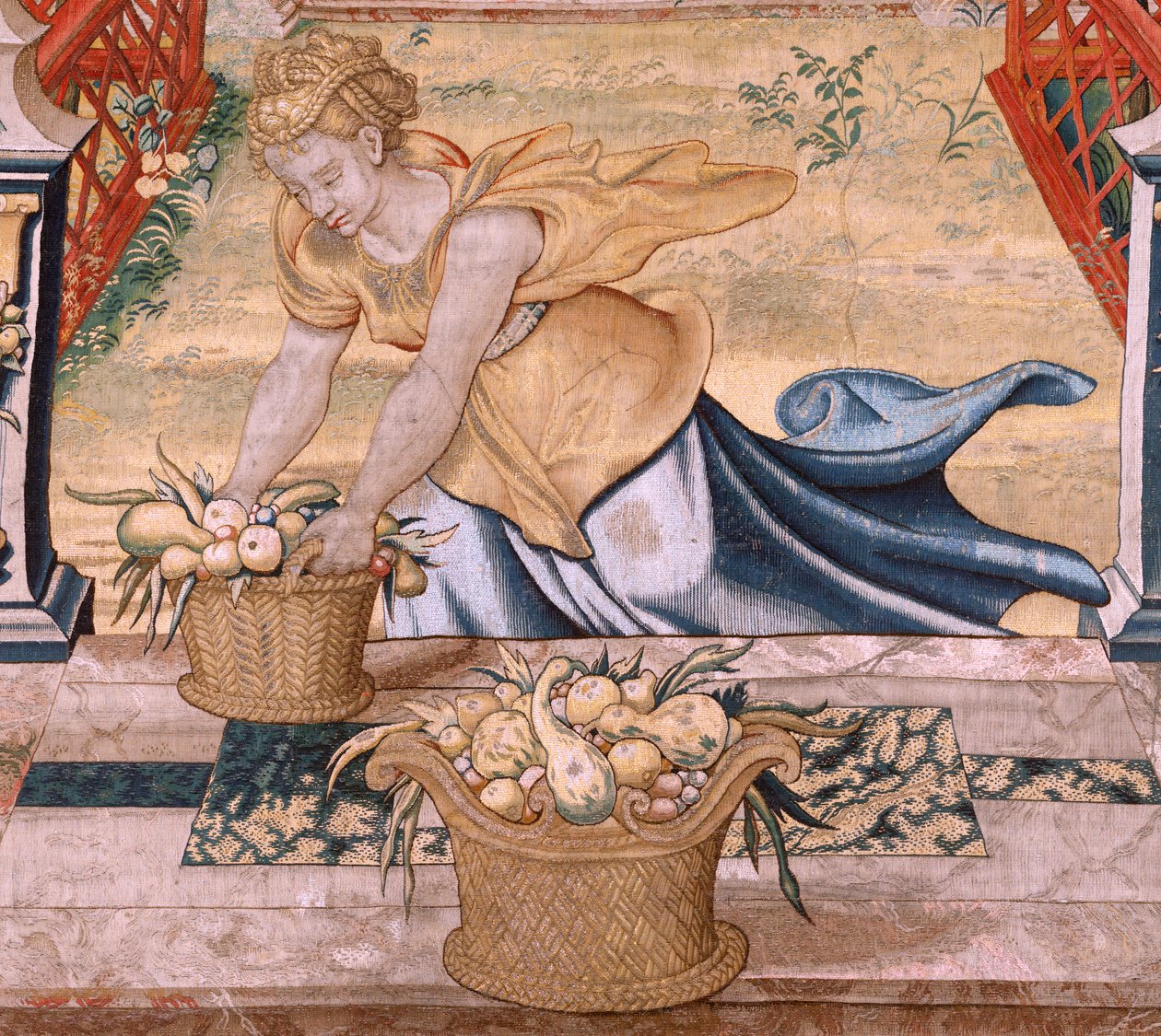 flamländsk gobeläng. Serien Vertumnus och Pomona.Vertumnus förvandlas till en bonde. Centrala delen av den nedre gränsen ser vi ett avsnitt om Jupiters kärlekar: Danaë. Andra gobeläng i serien. Modellcirkel av Pieter Coecke van Aelst. Tillverkning Wil av Pieter (circle of) Coecke van Aelst