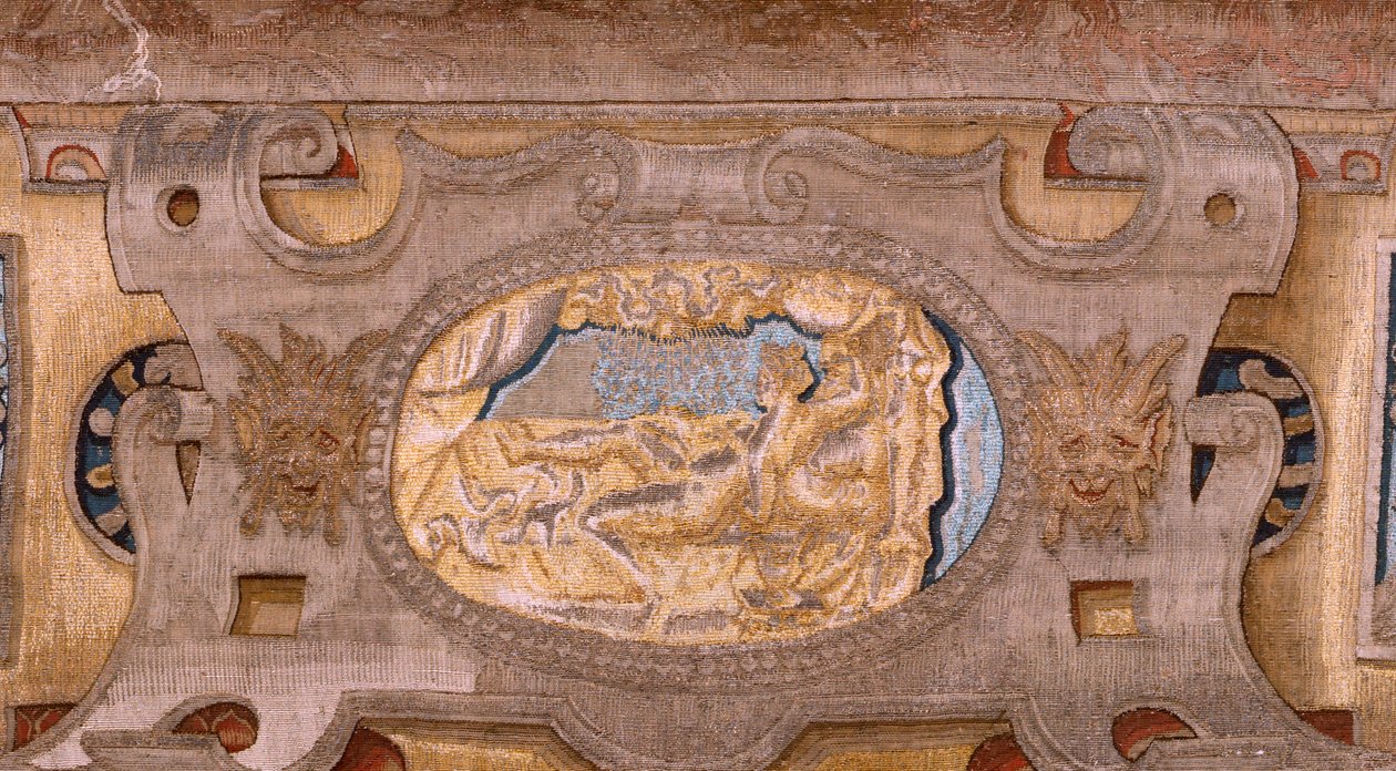 flamländsk gobeläng. Serien Vertumnus och Pomona.Vertumnus förvandlas till en bonde. Centrala delen av den nedre gränsen ser vi ett avsnitt om Jupiters kärlekar: Danaë. Andra gobeläng i serien. Modellcirkel av Pieter Coecke van Aelst. Tillverkning Wil av Pieter (circle of) Coecke van Aelst