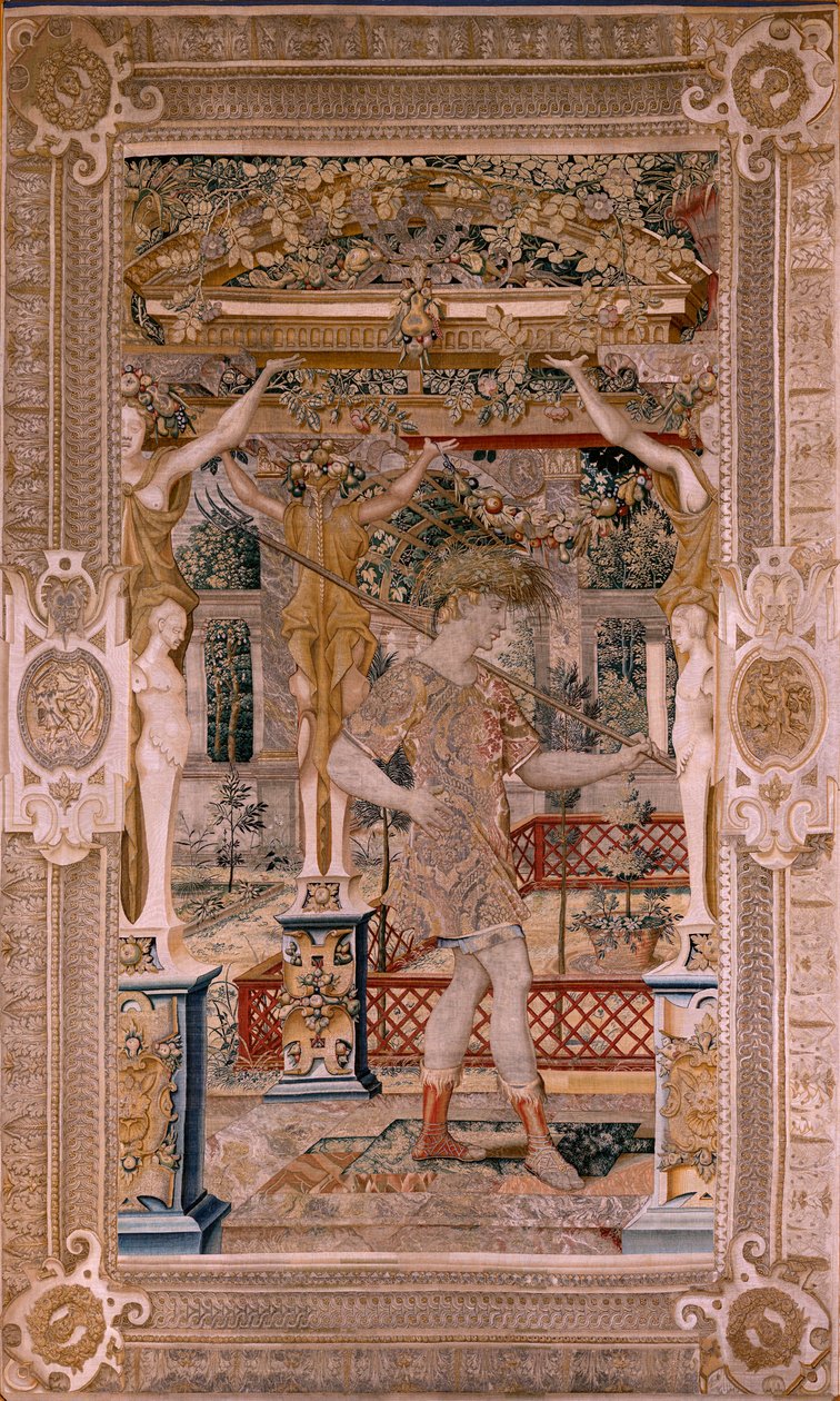 flamländsk gobeläng. Serier Vertumnus och Pomona.Vertumnus förvandlas till en bonde. Andra gobeläng i serien. Vänster del förvandlingen av Daphne. Modellcirkel av Pieter Coecke van Aelst. Tillverkning Wilhelm Pannemaker, Bryssel. Ca 1545-1550. Fabri av Pieter (circle of) Coecke van Aelst