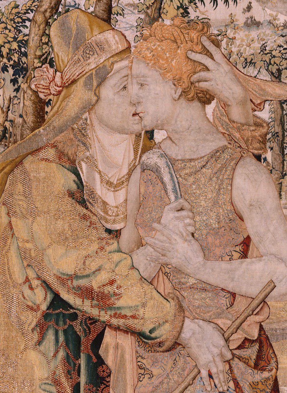 flamländsk gobeläng. Serien Vertumnus och Pomona. Vertumnus kysser Pomona. Sjunde gobeläng i serien. Modellcirkel av Pieter Coecke van Aelst. Tillverkning Wilhelm Pannemaker, Bryssel. Ca 1545-1550. Tyg Guld, silver, siden och ull. Storlek 430 x 365 cm. av Pieter (circle of) Coecke van Aelst