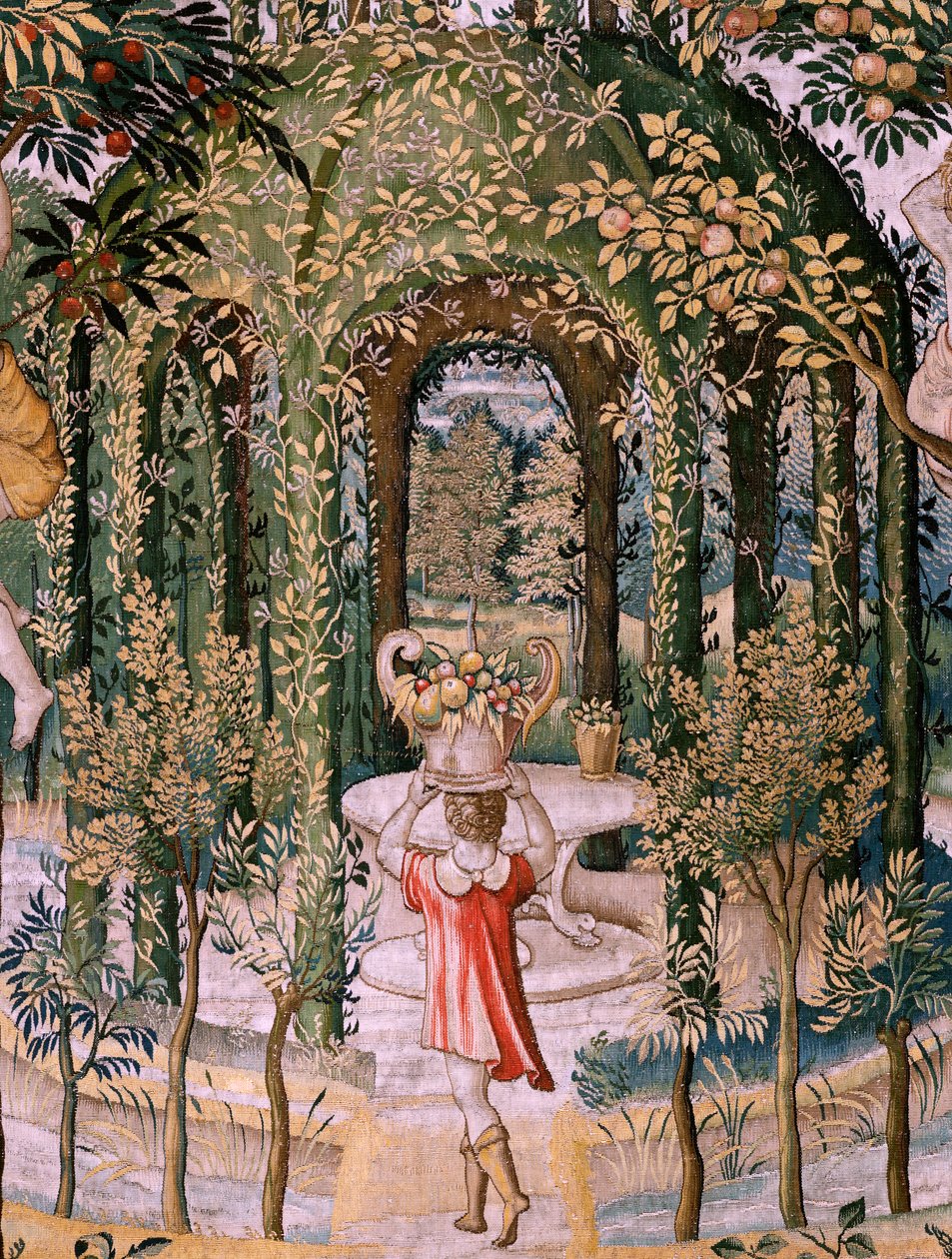 flamländsk gobeläng. Serier Vertumnus och Pomona; Vertumnus förvandlas till trädgårdsmästare (Vertumno transformado en jardinero). Femte gobeläng i serien. Modellcirkel av Pieter Coecke Van Aelst och Léonard Thiry. Tillverkning Okänd verkstad, Bryssel, för av Pieter (circle of) Coecke van Aelst