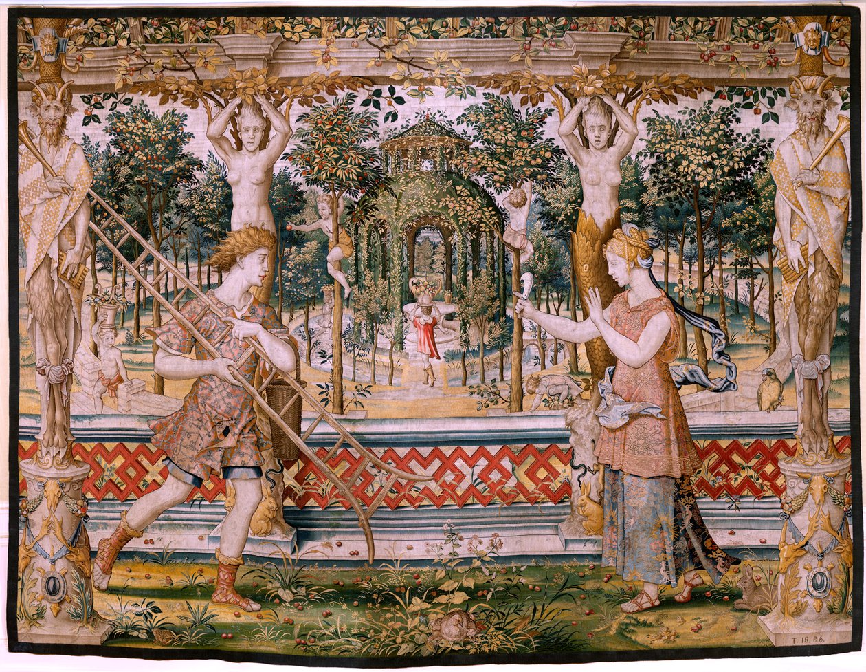 flamländsk gobeläng. Serier Vertumnus och Pomona; Vertumnus förvandlas till trädgårdsmästare (Vertumno transformado en jardinero). Femte gobeläng i serien. Modellcirkel av Pieter Coecke Van Aelst och Léonard Thiry. Tillverkning Okänd verkstad, Bryssel, för av Pieter (circle of) Coecke van Aelst