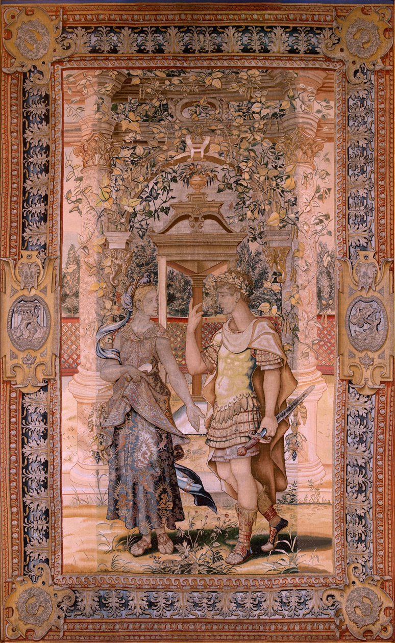flamländsk gobeläng. Serien Vertumnus och Pomona. Vertumnus förvandlades till en krigare. Fjärde gobelängen i serien. Modellcirkel av Pieter Coecke van Aelst. Tillverkning Wilhelm Pannemaker, Bryssel. Ca1545-1550. Tyg Guld, silver, siden och ull. Storlek 4 av Pieter (circle of) Coecke van Aelst
