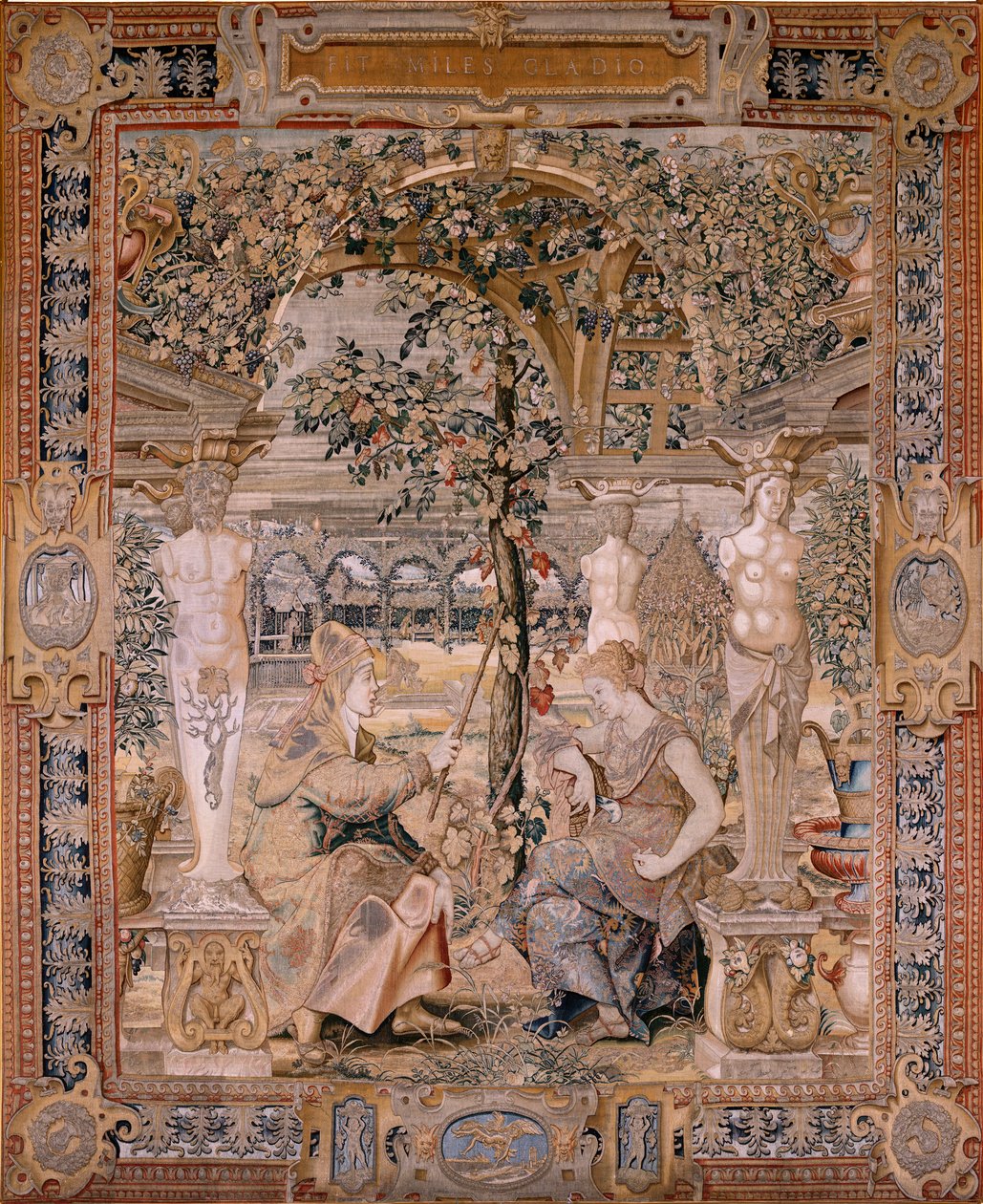 flamländsk gobeläng. Serien Vertumnus och Pomona. Vertumnus förvandlades till en gammal kvinna. Vertumnus förvandlades till en gammal kvinna. Sjätte gobelängen i serien. Modellcirkel av Pieter Coecke van Aelst. Tillverkning Wilhelm Pannemaker, Bryssel. Ca1 av Pieter (circle of) Coecke van Aelst