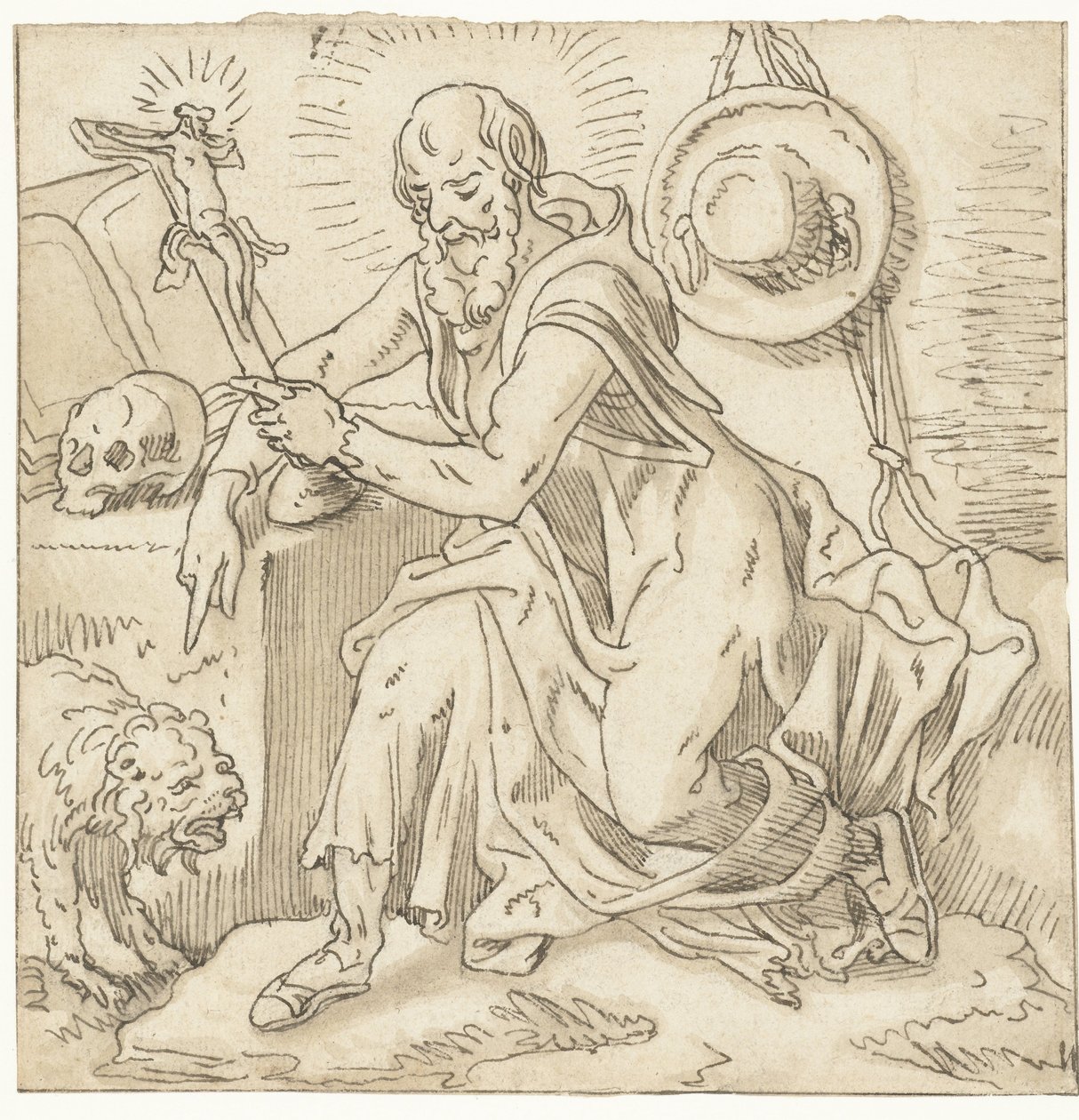 Sankt Hieronymus sitter vid ett krucifix, bok och dödskalle av Pieter Aertsen (workshop of)