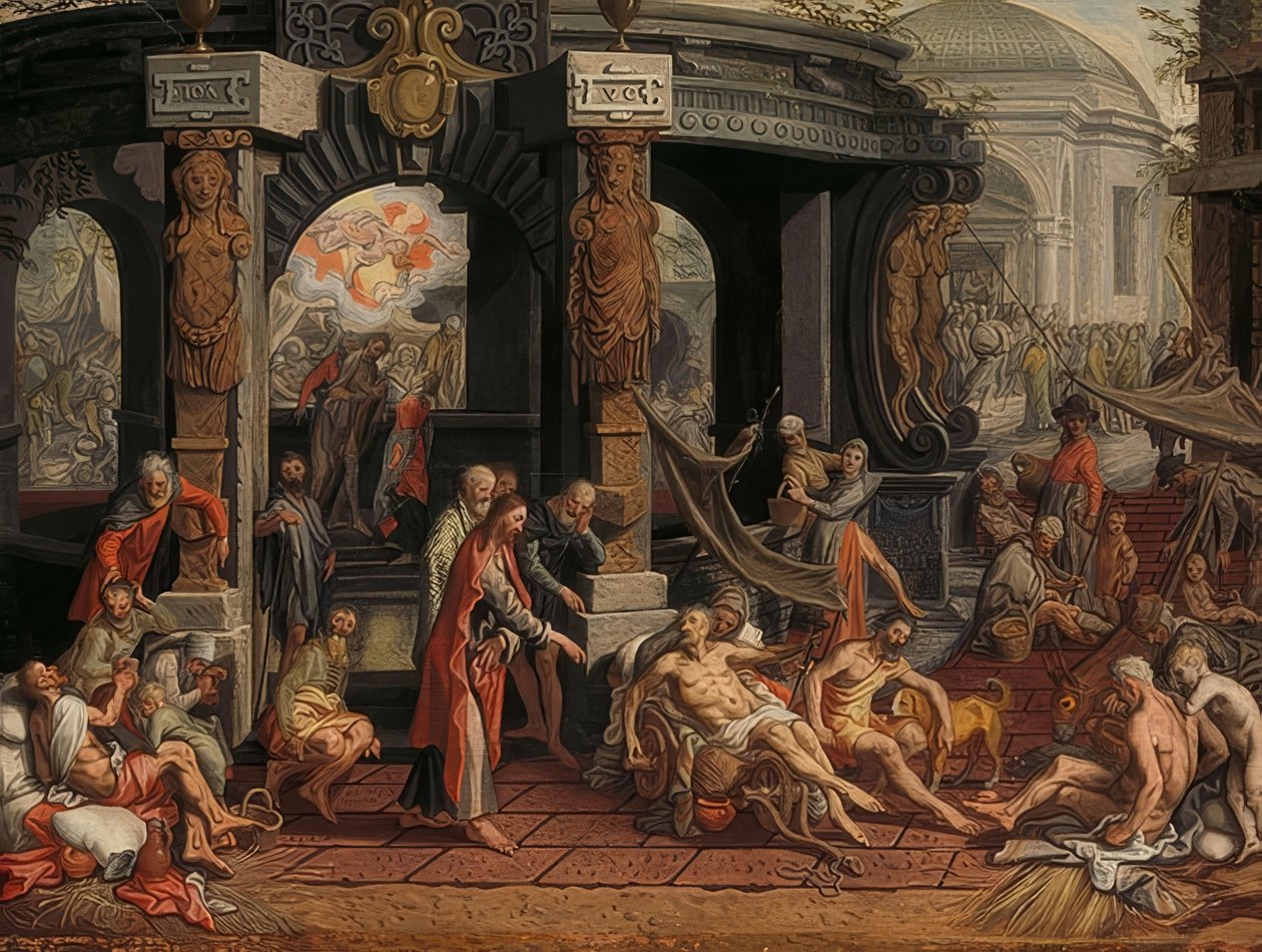 Läkningen av en förlamad man vid poolen i Bethesda. 1575 av Pieter Aertsen