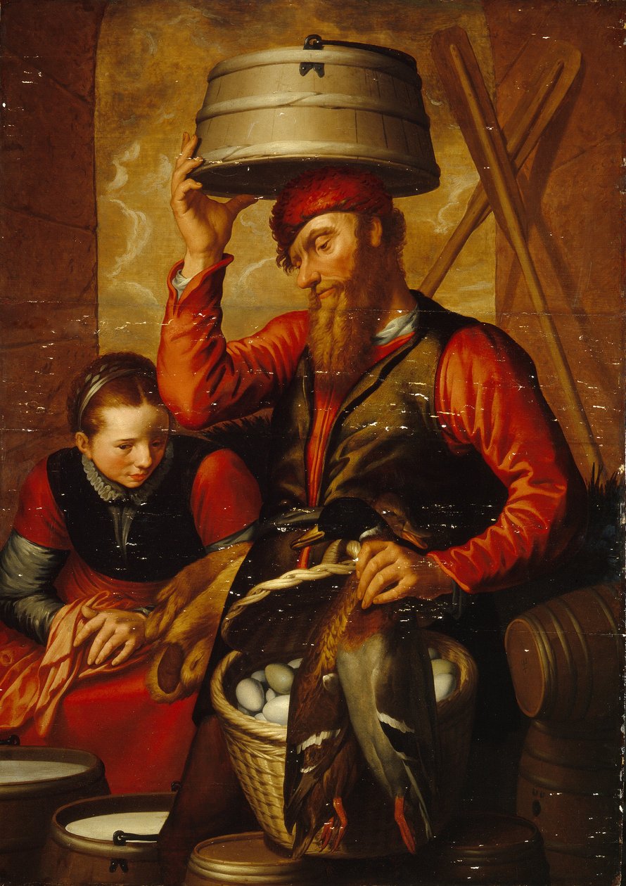 Fjäderfäsäljaren (Fowl-försäljare). Ett par bönder i traditionell klädsel förbereder sina korgar med ägg och sina varor för marknaden. Målning av Pieter Aertsen (1508-1575), olja på trä av Pieter Aertsen