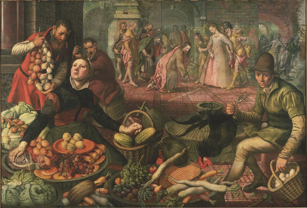 Vandringsscen och Kristus med äktenskapsbrytaren - Kristus och kvinnan tagen i äktenskapsbrott, av Aertsen, Pieter dit Lange Pier av Pieter Aertsen