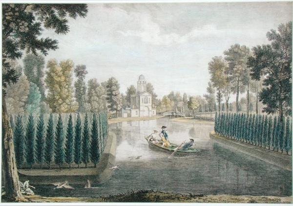 The Water Gardens at Chiswick House, London, ca 1720-28 (färggravyr) (se även 176474) av Pieter Andreas (after) Rysbrack