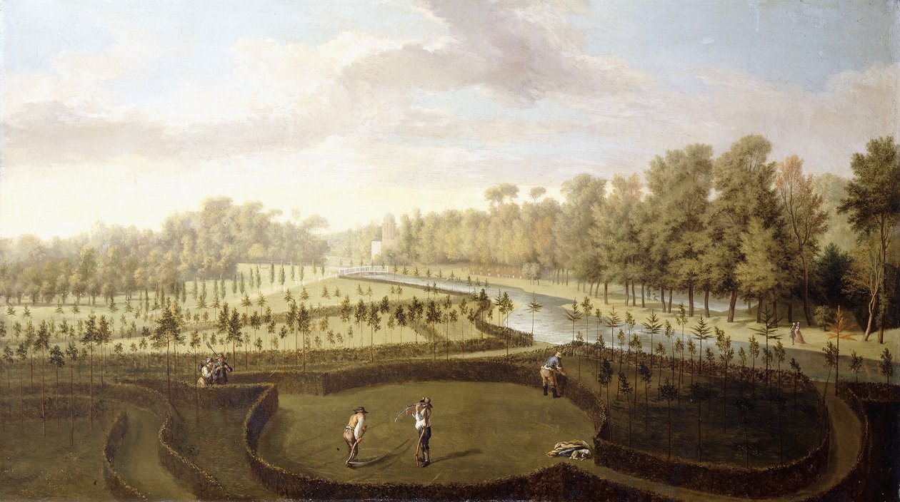 En utsikt över Chiswick Gardens, Richmond, från andra sidan New Gardens mot Bagnio, ca 1729-31 av Pieter Andreas Rysbrack