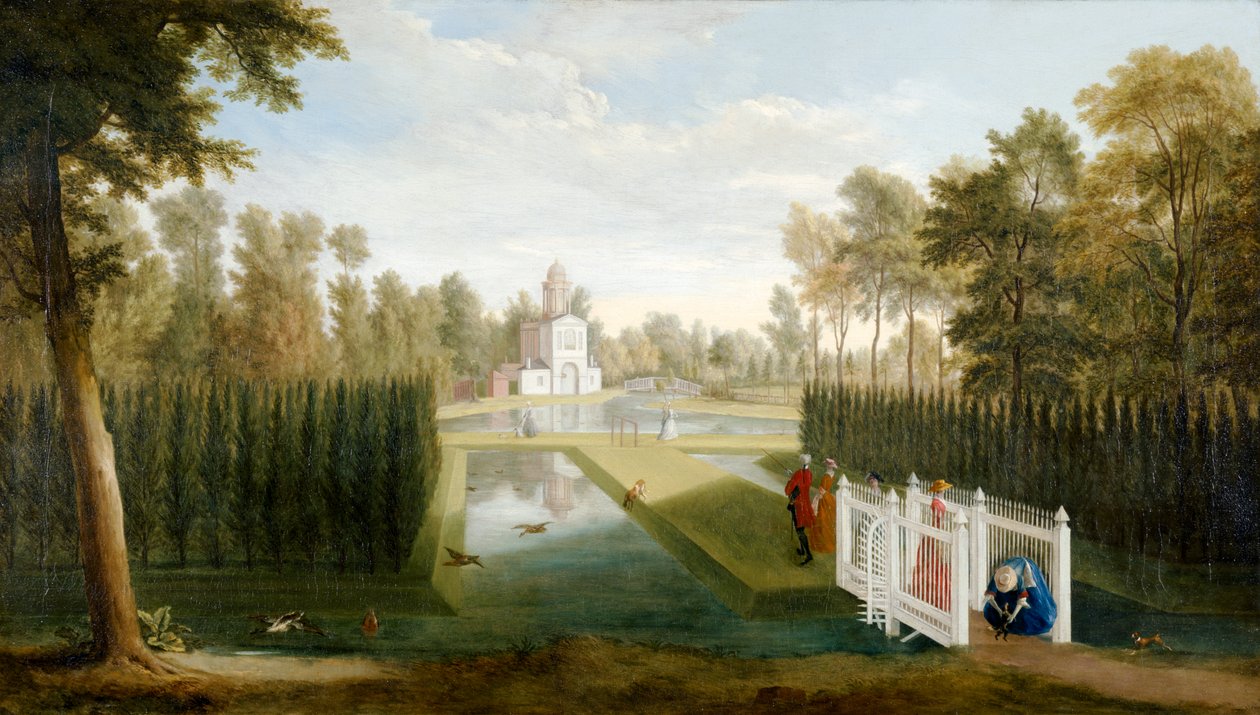 En utsikt över Chiswick Gardens mot baksidan av Bagnio (Cascina) Chiswick House (olja på duk) av Pieter Andreas Rysbrack