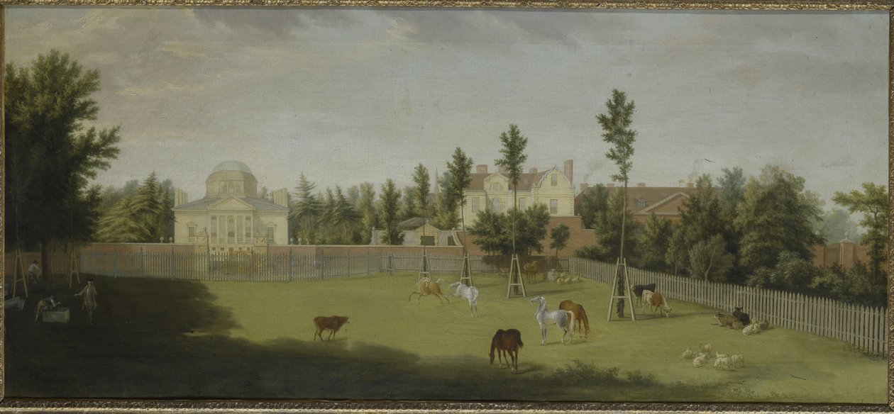 Utsikt över den nya villan, det gamla huset och stallen från andra sidan Burlington Lane, Chiswick Villa (olja på duk) av Pieter Andreas Rysbrack