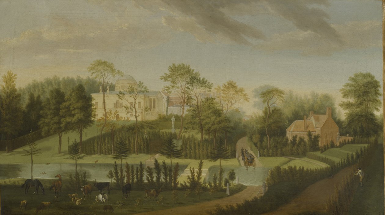 Utsikt över terrassen med utsikt över kanalen till sidan av villan, Chiswick Villa (olja på duk) av Pieter Andreas Rysbrack