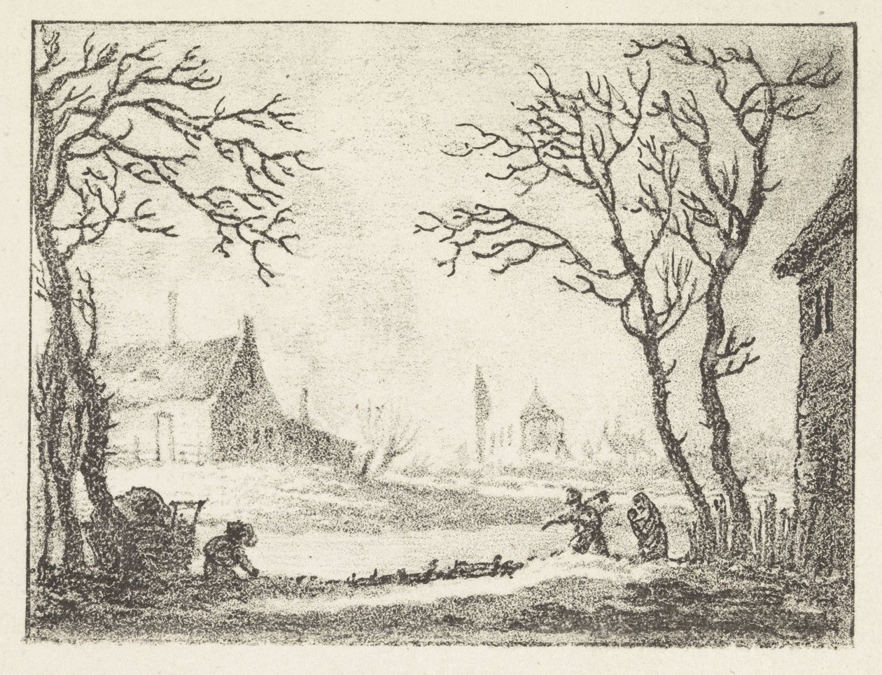 Vinterlandskap med hus och figurer av Pieter Bartholomeusz. Barbiers