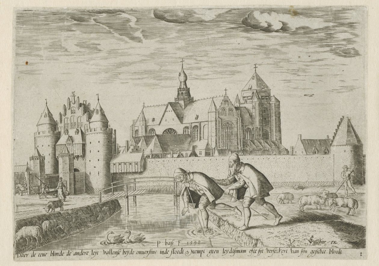 Utsikt över Veere, med ordspråket: en blind leder en annan Landskap med bibliska scener (serietitel) av Pieter Bast