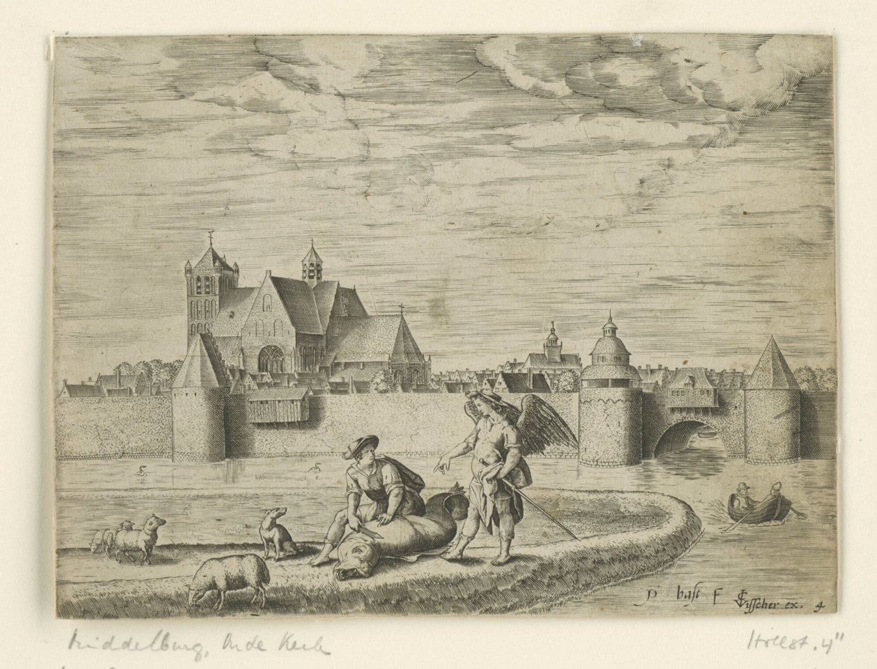 Tobias och ängeln; i bakgrunden Gamla kyrkan i Middelburg Landskap med bibliska scener (serietitel) av Pieter Bast