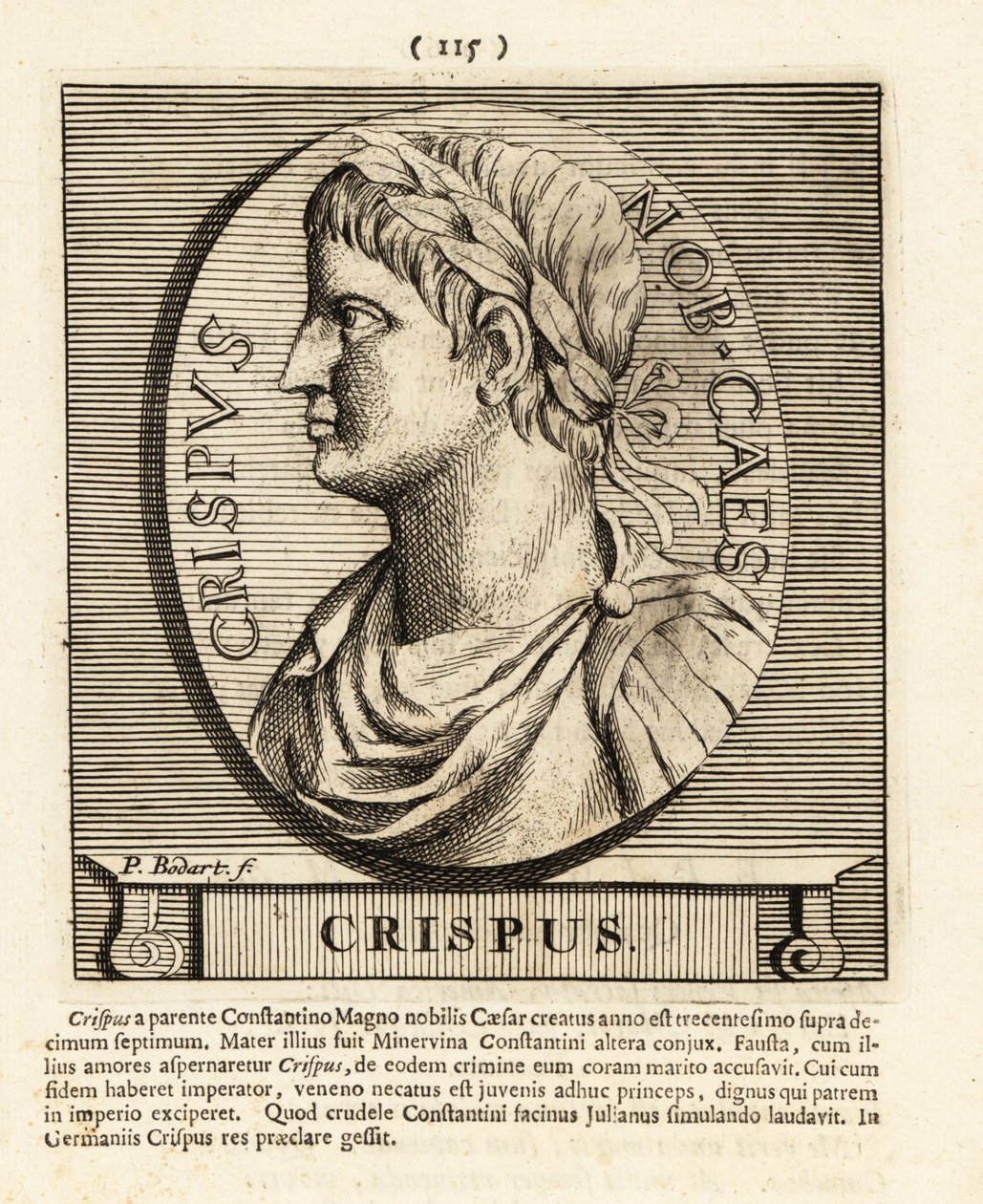 Flavius Julius Crispus, son till den romerske kejsaren Konstantin den Gre, 1724 (gravyr) av Pieter Bodart