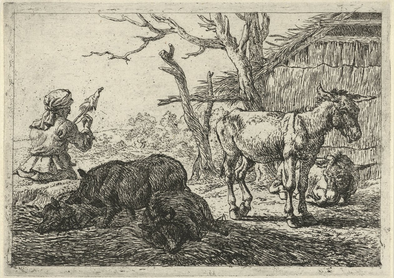 Kvinna som spinner, svin och åsnor Olika djur (serietitel) av Pieter Bodding van Laer