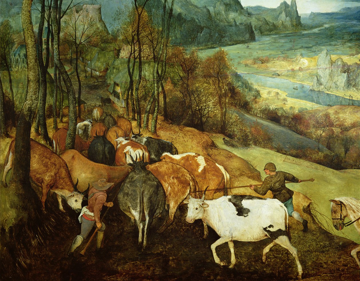 The Return of the Herd Autumn 1565 olja på paneldetalj av 186444 och 556 av Pieter Bruegel the Elder