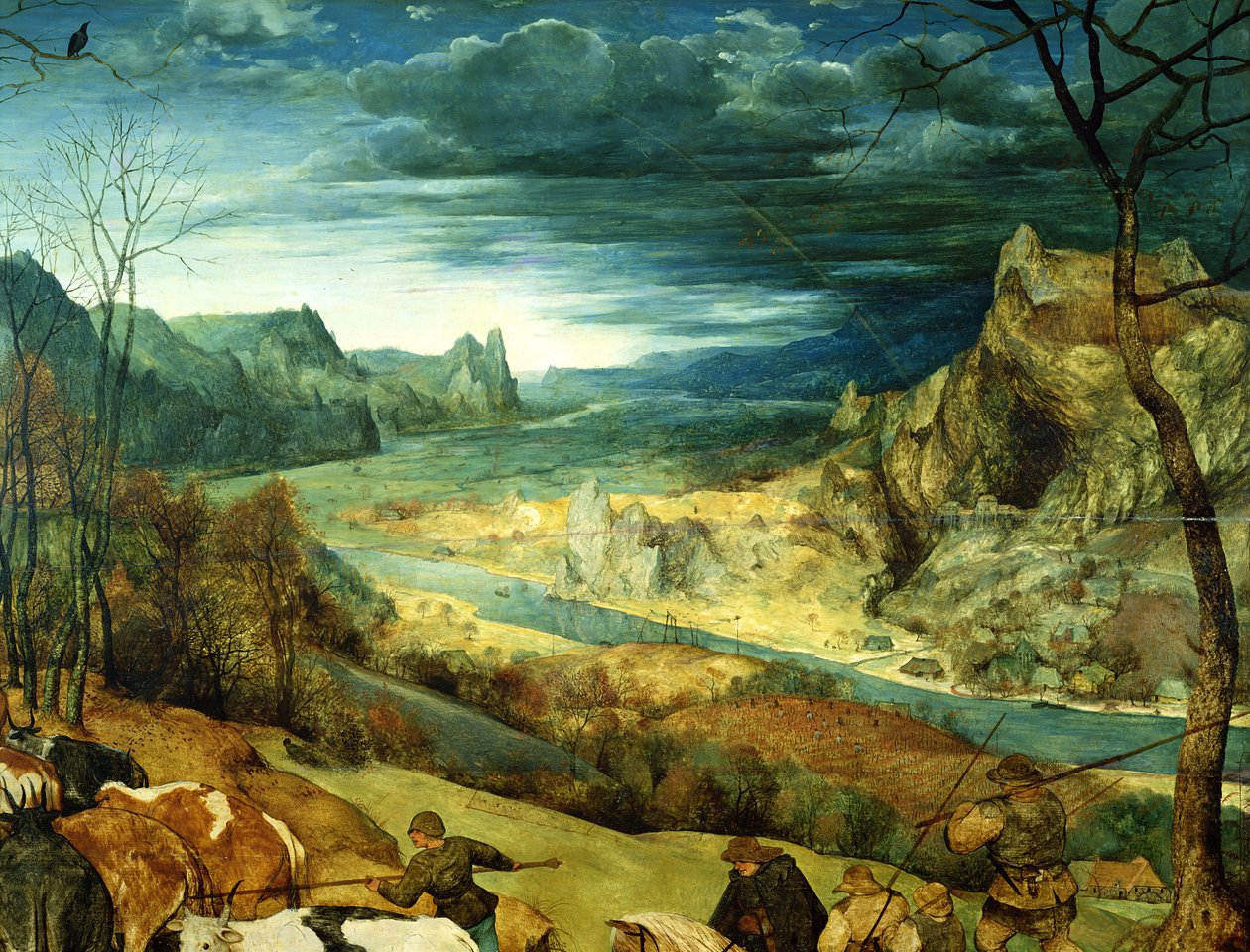 The Return of the Herd Autumn, 1565 olja på paneldetalj av 556 av Pieter Bruegel the Elder