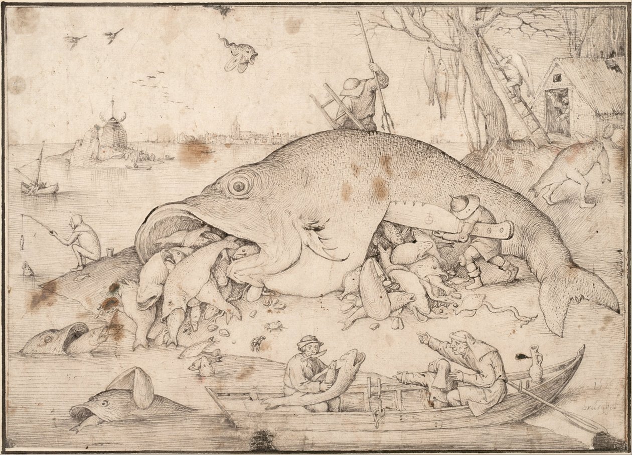 Stora fiskar äter små fiskar, 1556 av Pieter Bruegel the Elder